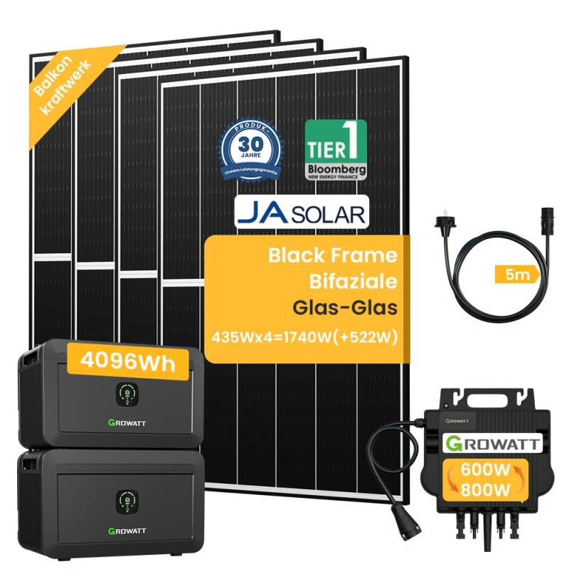 Balkonkraftwerk mit Speicher, Growatt NOAH 2000 mit 1800W PV-Eingangsleistung IP66 und Jasolar Black Frame Bifaziale Glas-Glas Solarmodule für Balkonkraftwerk (NOAH2000*2+1740W) von Powerness