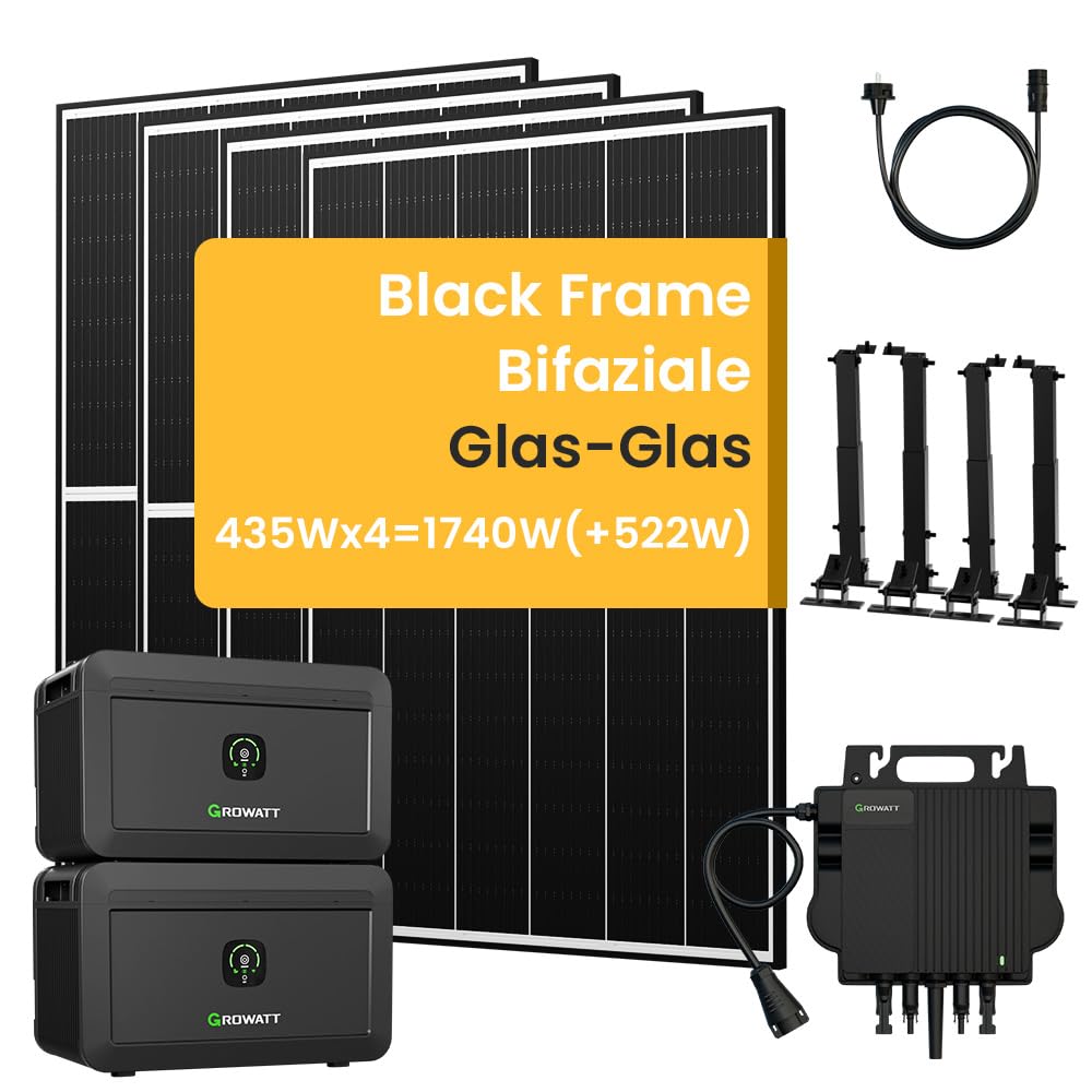 Balkonkraftwerk mit Speicher, Growatt NOAH 2000 mit 1800W PV-Eingangsleistung IP66 und Jasolar Black Frame Bifaziale Glas-Glas Solarmodule für Balkonkraftwerk (NOAH2000*2+1740W+4*Halterung) von Powerness