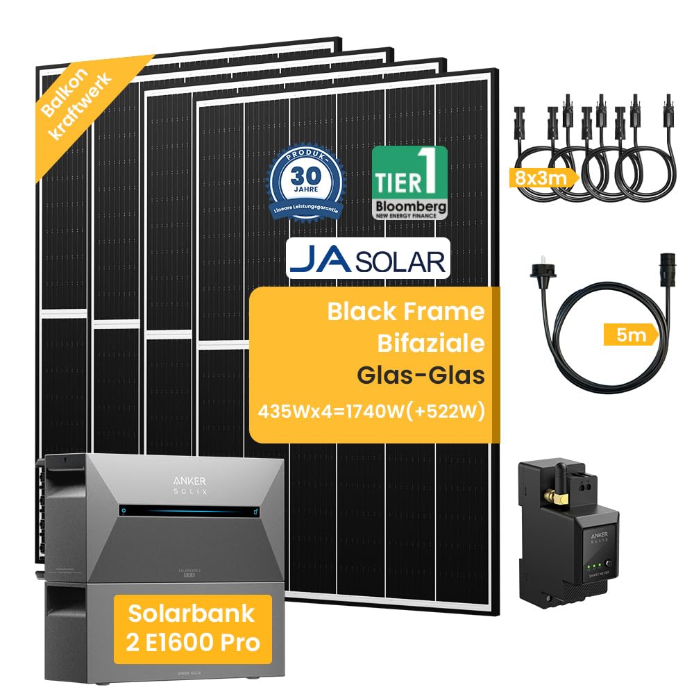 Balkonkraftwerk mit Speicher, Solix Solarbank 2 E1600 Pro 2400W 4 MPPT Solareingang mit JaSolar Black Bifaziale Frame Solarmodule und Smarten Zähler (E1600Pro+BP1600*1+1740W) von Powerness