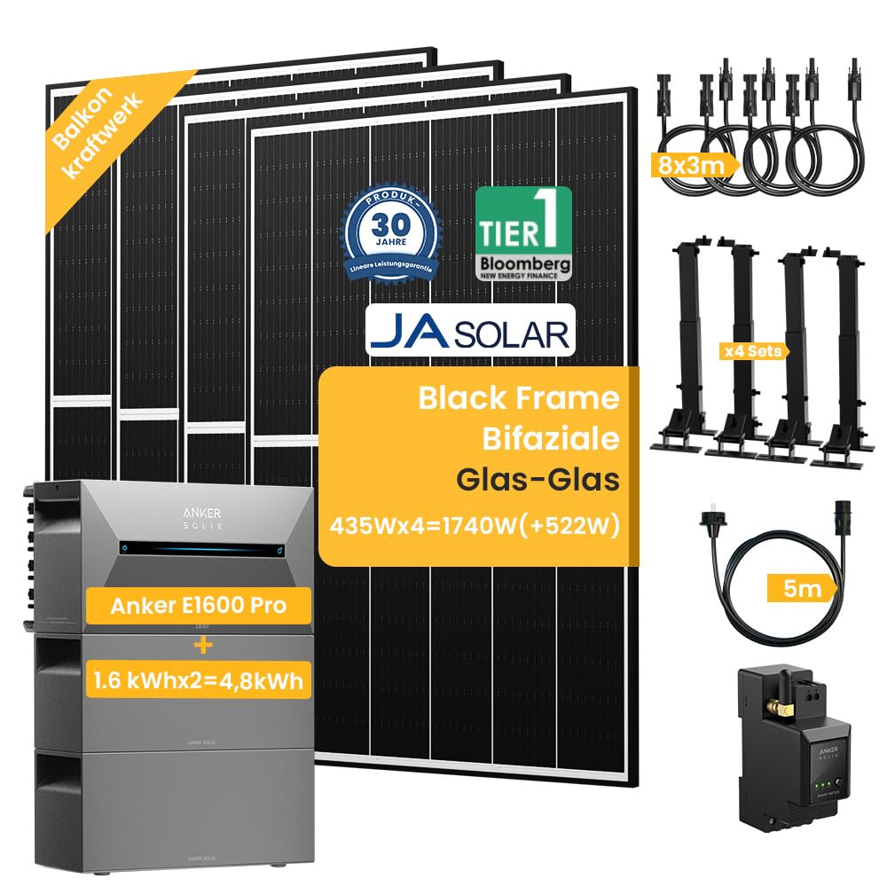 Balkonkraftwerk mit Speicher, Solix Solarbank 2 E1600 Pro 2400W 4 MPPT Solareingang mit JaSolar Black Bifaziale Frame Solarmodule und Smarten Zähler (E1600Pro+BP1600*2+1740W+Halterung*4) von Powerness