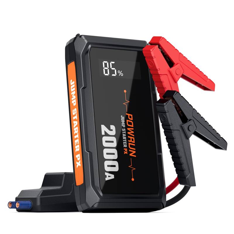 Powrun PX Starthilfe Powerbank,2000A Spitzstrom Auto Starthilfe für bis zu 6.0L Benzin und 5.0L Diesel, 12V Tragbare Booster Auto Starthilfe, Starter Powerbank mit Tragetasche (Orange) von Powrun