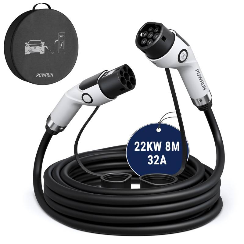 Powrun Typ 2 Ladekabel 22kW 8m 32A mit Tragetasche, Ladekabel Elektroauto Typ 2 3-Phasig IP55 Wasserdicht, Typ 2 auf Typ 2 Mode 3 Ladekabel für E Auto EV/PHEV (P3-32-8) von Powrun