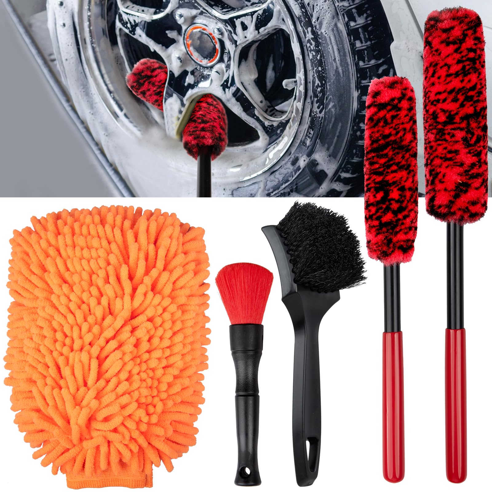 Preciva Auto Reinigungsset, Auto Detailing Wheel Brush Kit, 5pcs Auto Reifen Waschen Kit für Reinigung Räder, Rad Reinigungsset mit Autowaschhandschuhen für Innen Außen Leder Armaturenbrett von Preciva