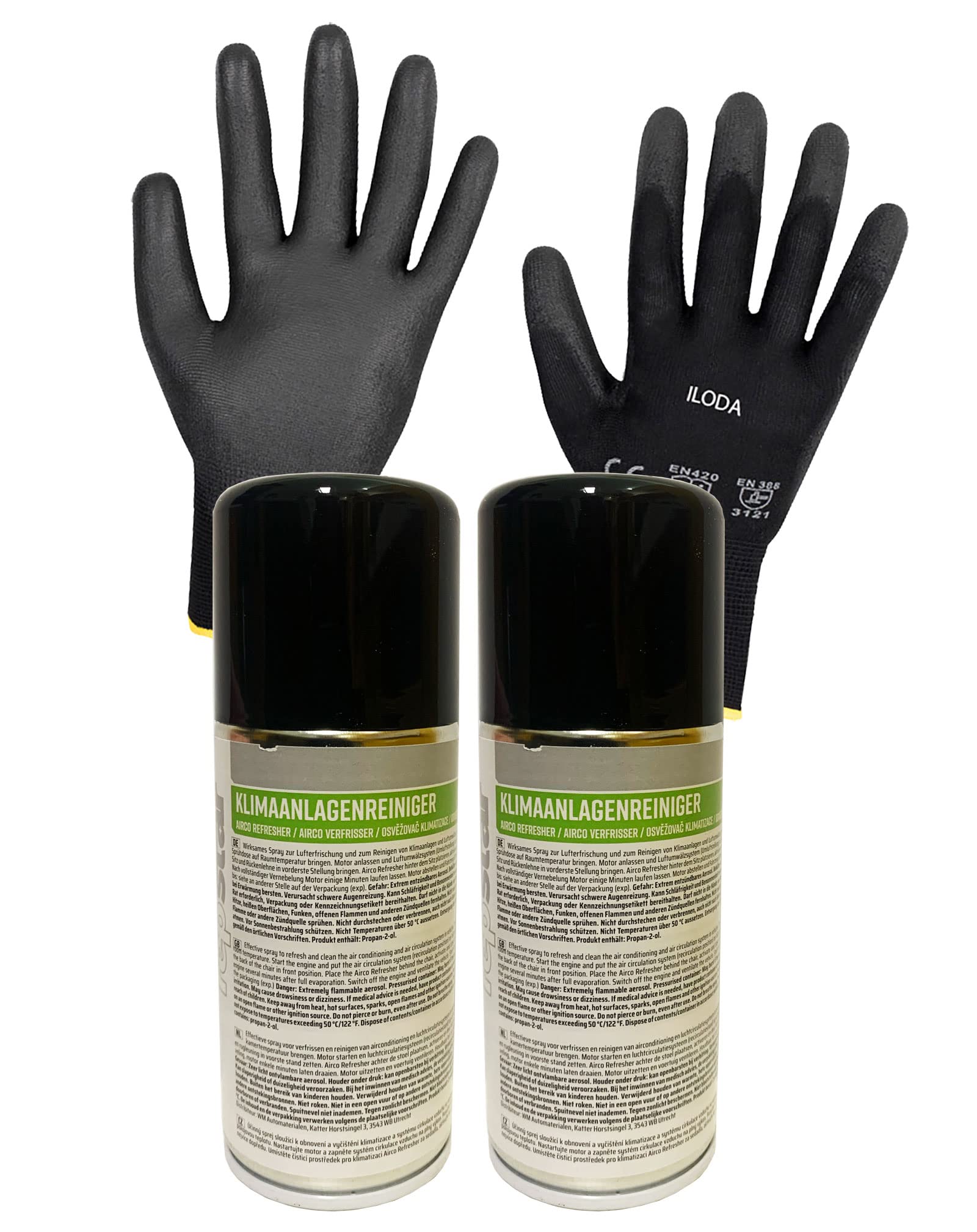 Preisjubel 1x ILODA Schutzhandschuhe + 2X 150ml Repstar Klimaanlagen-Reiniger Lemon für das Auto, Geruchsneutralisierer, Reiniger für Klimaanlagen, Lufterfrischer für KFZ von Preisjubel