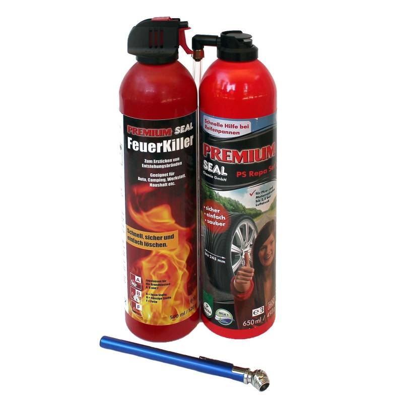 Premium-Seal Set Feuerkiller 500ml & Reifenpannenset 650ml, Reifendichtmittel PKW Reifen bis 2,5 bar & Feuerlöschspray von Premium-Seal