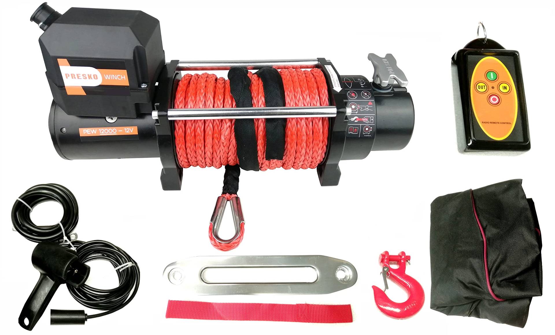 Presko Winch Elektrische Seilwinde PEW 12000lbs 12V - Synthetisches Seil - Kabellose Steuerung möglich - Nutzfahrzeuge Geländewagen Pannenhilfe Abschleppwagen von Presko