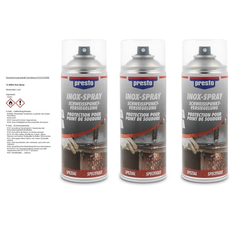 3x 400ml Presto Inox Spray Inoxspray Korrosionsschutzspray Korrosionsschutz Schweißpunktversiegelung Versiegelung Dose von Presto