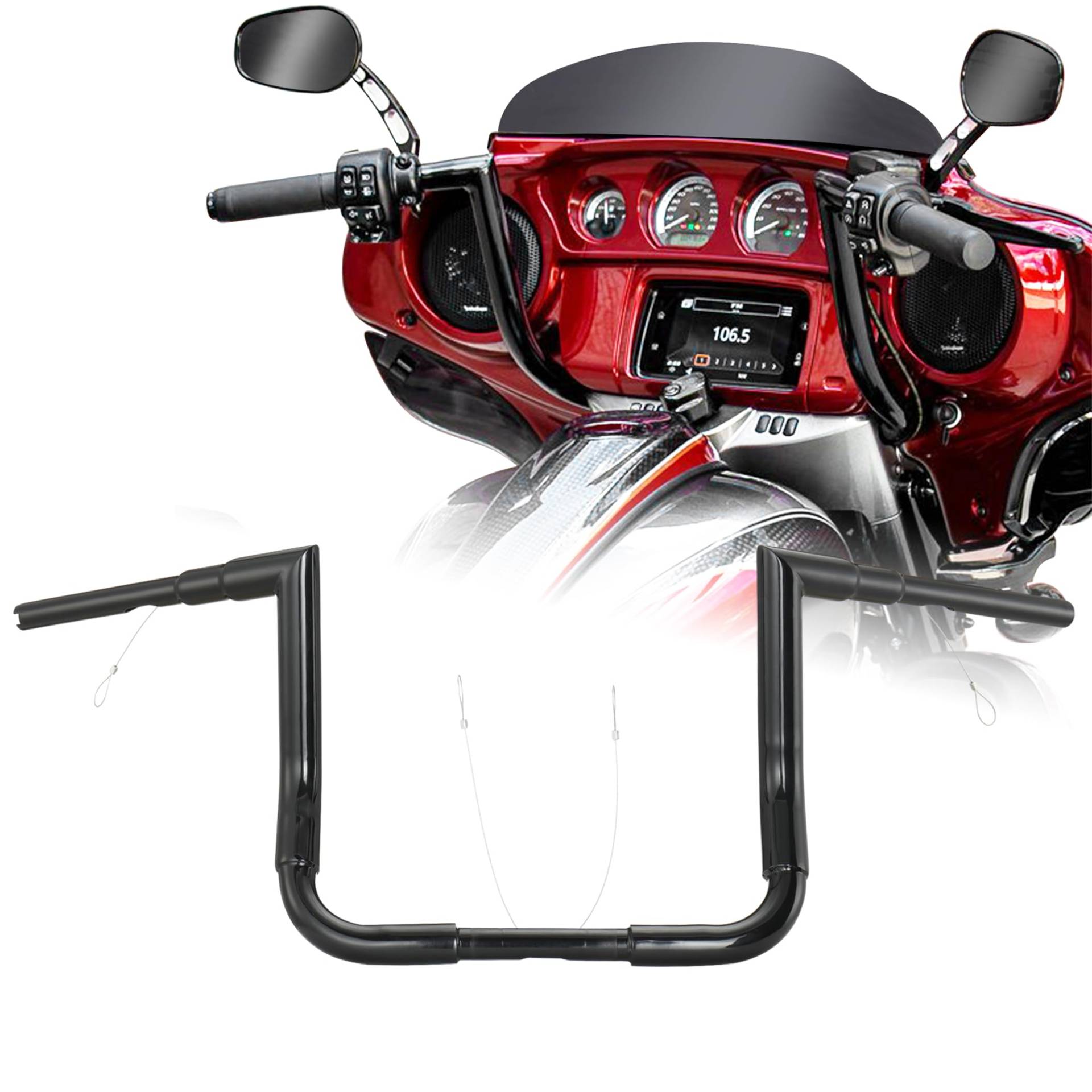 25,4 cm Rise Lenker 3,8 cm Bagger Ape Kleiderbügel für Harley 1996–2023 Street Glide FLHX/Electra Glide FLHT/Ultra Limited FLHTK/Tri-Glide FLHTCUTG Modelle, rechtwinkliger Stangen-Stil, schwarz von Prewired