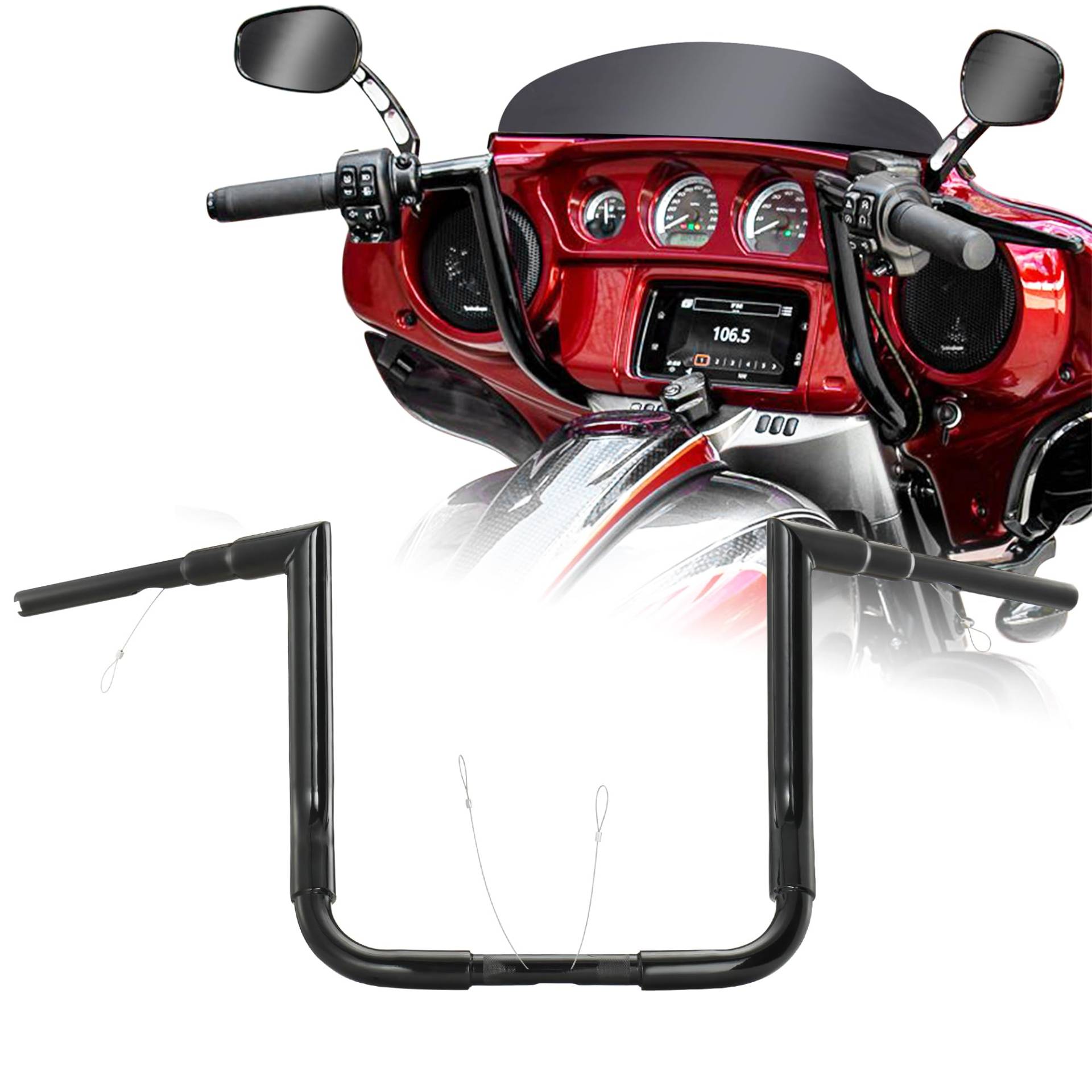 30,5 cm Rise Lenker 3,8 cm Bagger Ape Kleiderbügel für Harley 1996–2023 Street Glide FLHX/Electra Glide FLHT/Ultra Limited FLHTK/Tri-Glide FLHTCUTG Modelle, rechtwinkliger Stangen-Stil, schwarz von Prewired