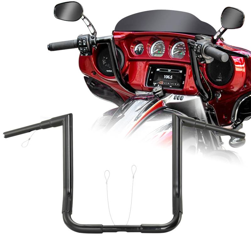 35,6 cm Rise Lenker 3,8 cm Bagger Ape Kleiderbügel für Harley 1996–2023 Street Glide FLHX/Electra Glide FLHT/Ultra Limited FLHTK/Tri-Glide FLHTCUTG Modelle, rechtwinkliger Stangen-Stil, schwarz von Prewired