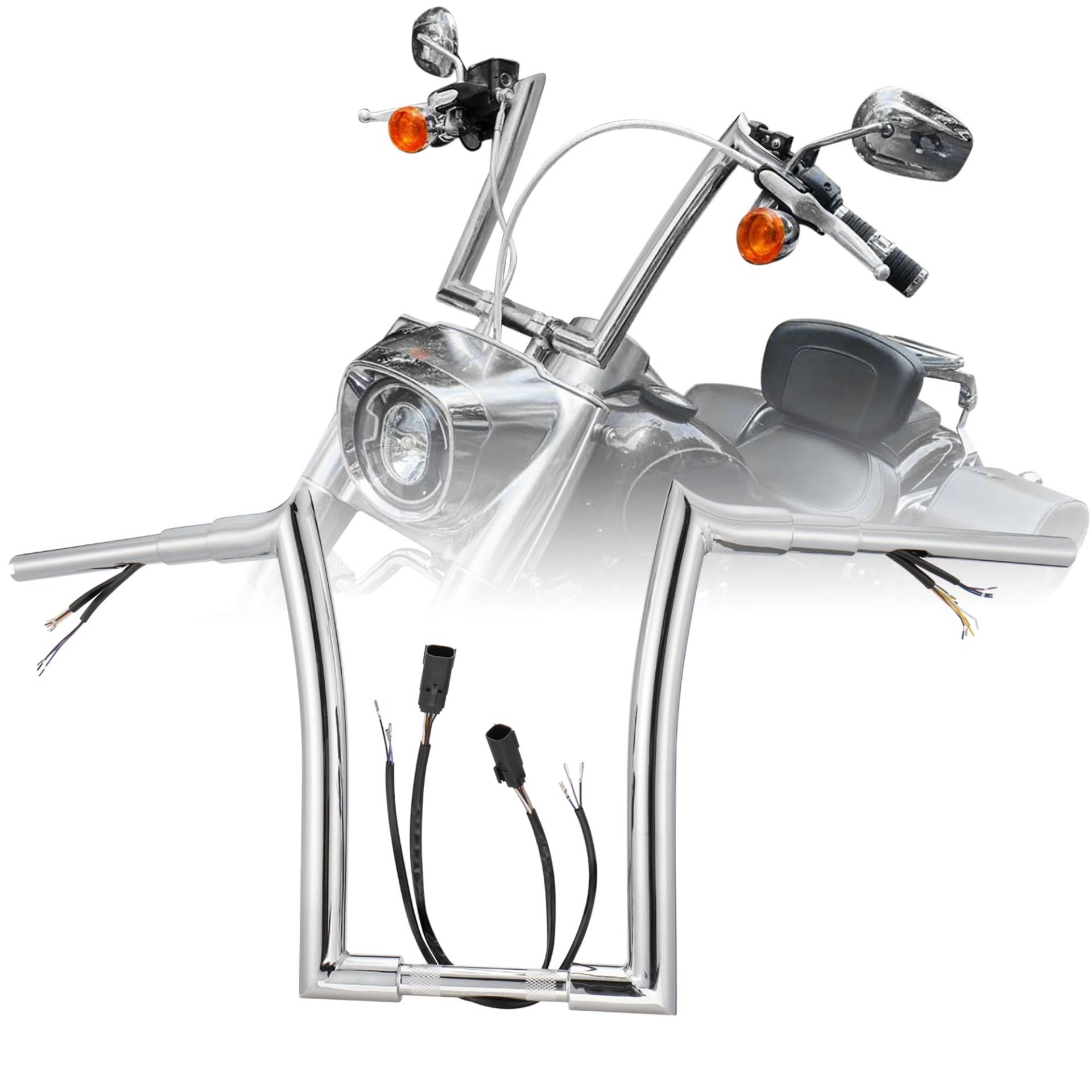 Prewired Ape Hanger Lenker 14 Zoll Rise für Harley 2007-2014 Softail/Dyna/Sportster/Road King Modelle 1 1/2 Zoll Fat Meathook Bar vorverdrahtet mit CAN-Bus und Blinker-Kabelbaum, Chrom von Prewired