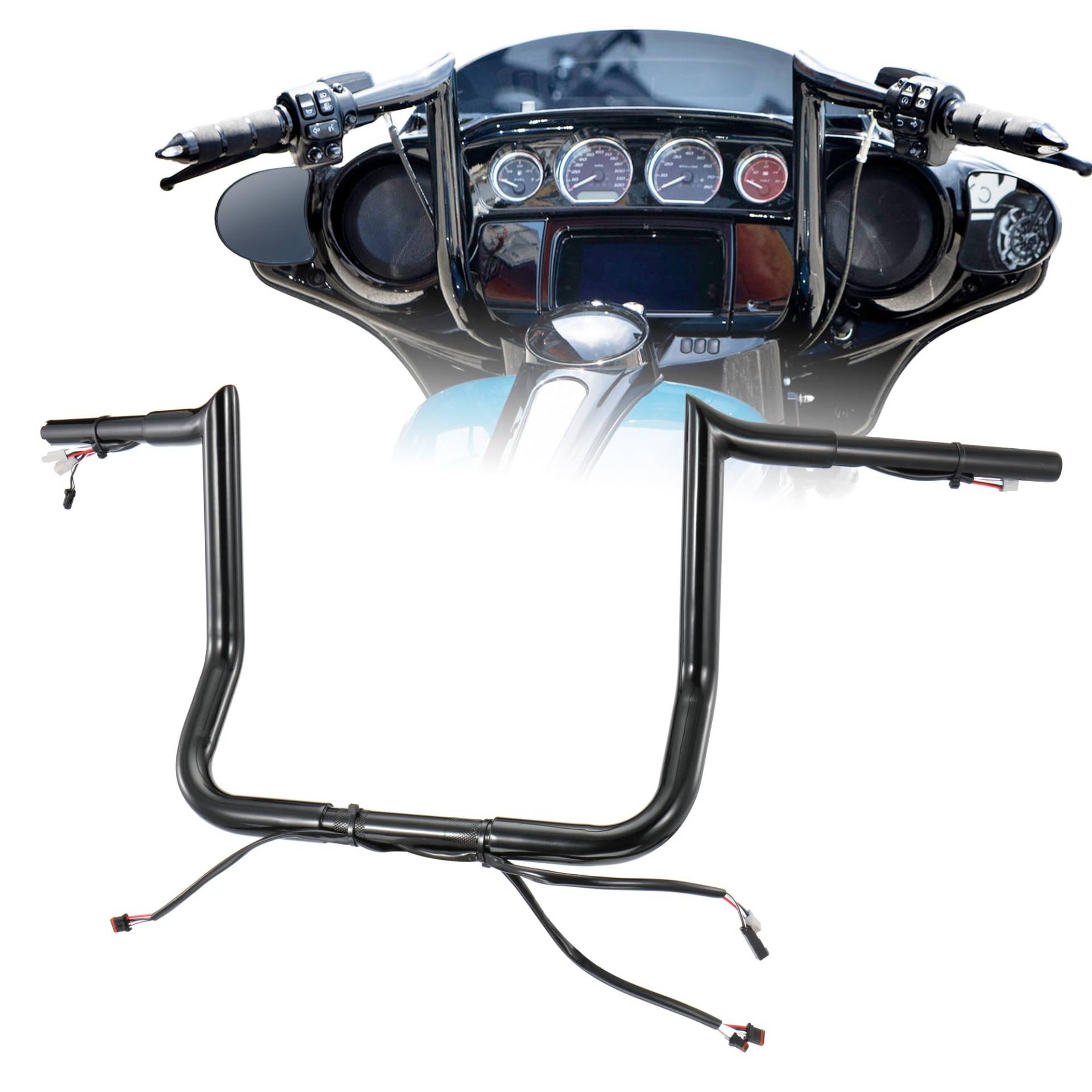 Prewired Vorverdrahtete Ape Hangers Street Glide Lenker mit CAN-Bus/TBW/beheizten Griffen, Draht, 3,2 cm, Fat Meathook Gehrungsschnitt für Harley Street Glide/Electra Glide 2016–2023 (glänzendes von Prewired