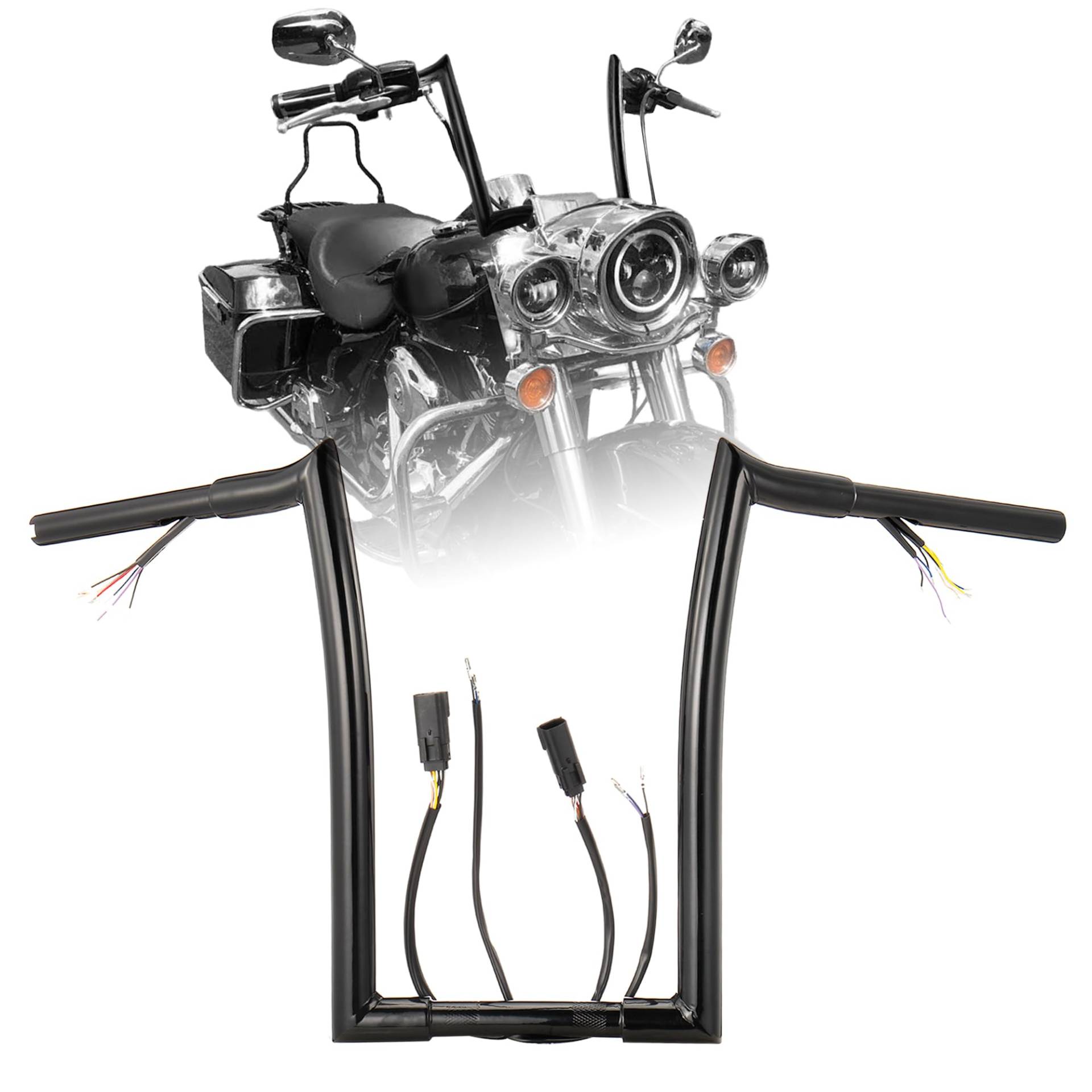 Vorverdrahteter 35,6 cm Rise Lenker für Harley 2007–2014 Road King/Softail/Dyna/Sportster Meathook Ape Kleiderbügel, 3,8 cm Fat Bar vorverdrahtet mit CAN-Bus und Blinker-Kabelbaum, Schwarz von Prewired