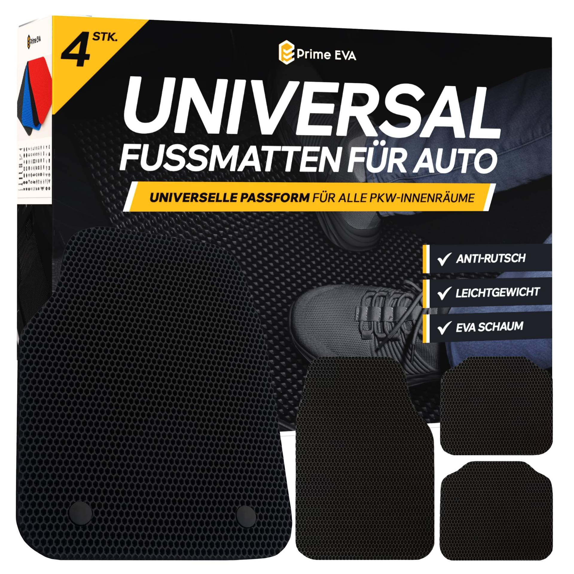 Prime EVA ® Fussmatten Auto Universal - Fußmatten Auto, Zuschneidbare Auto Fußmatten, Hochwertigere Automatten als Gummimatten Auto, Gummi Fussmatten Auto, Gummifußmatten Auto, Auto Teppiche, Schwarz von Prime EVA