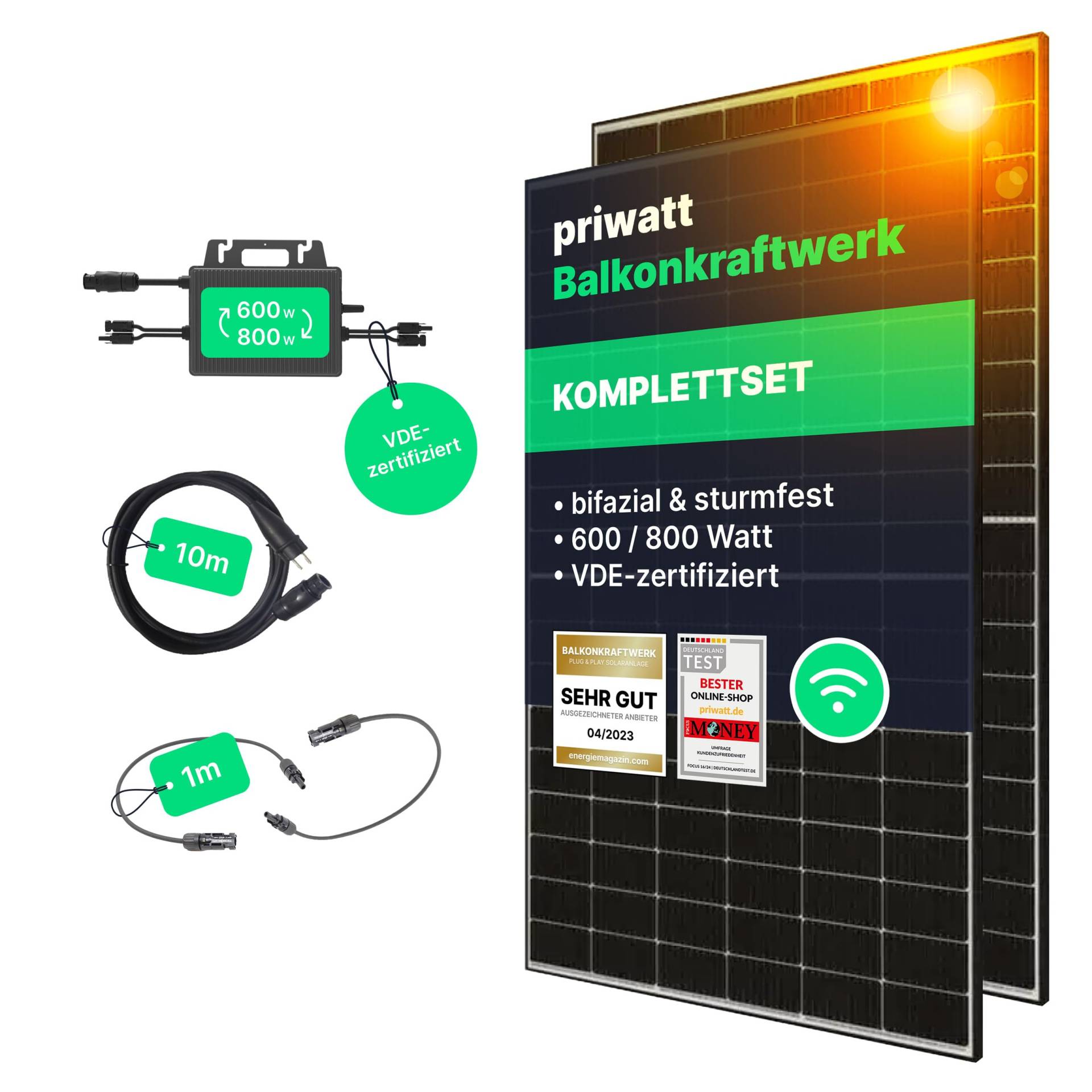 priwatt® Balkonkraftwerk Duo [890 Wp] ohne Halterung zur flexiblen Befestigung - Solaranlage Komplettset (2 bifaziale Solarmodule, TSUN Wechselrichter & Kabel-Zubehör) von Priwatt