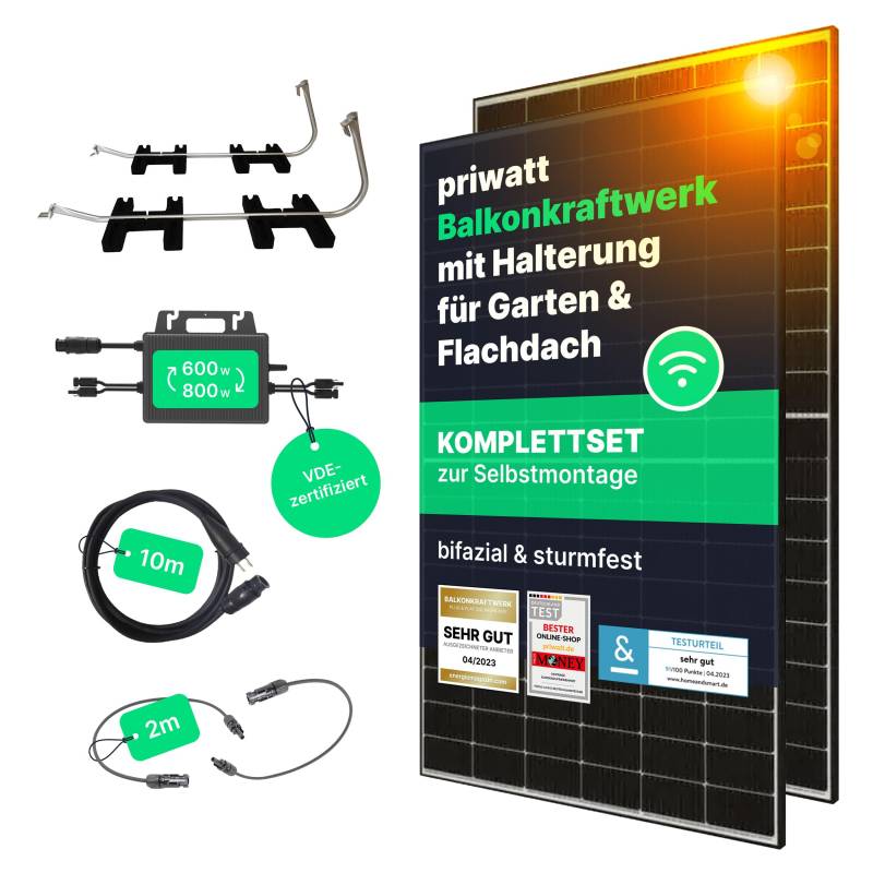 priwatt® Balkonkraftwerk Duo für Garten & Flachdach [890 Wp] - Solaranlage Komplettset zur Selbstmontage - 2 bifaziale Solarmodule mit TSUN Wechselrichter, Halterung & Zubehör von Priwatt