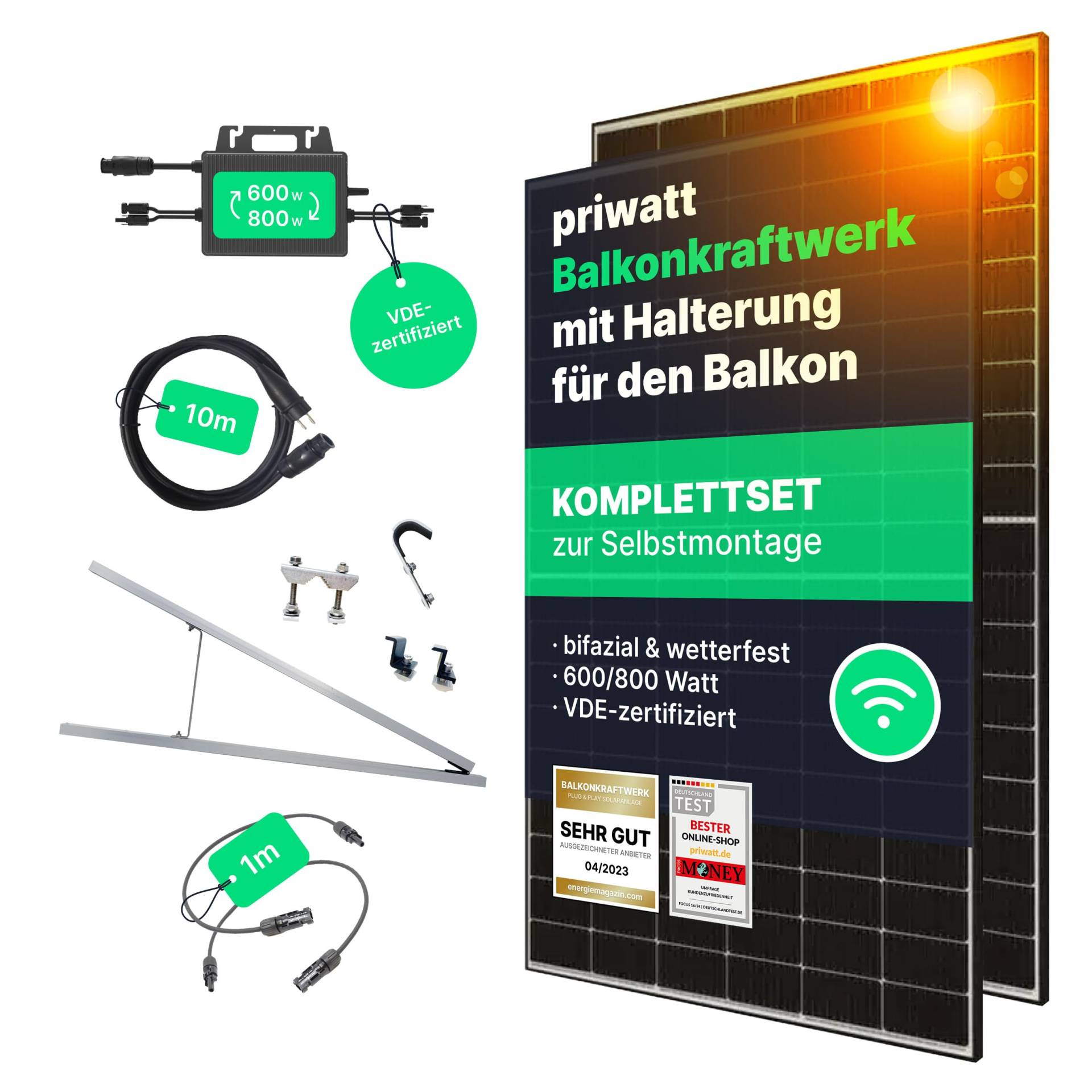 priwatt® Balkonkraftwerk Duo zur Balkon-Befestigung [890 Wp] - Solaranlage Komplettset mit Balkonhalterung - 2 bifaziale Solarmodule mit TSUN Wechselrichter, Montage-Halterung & Zubehör von Priwatt