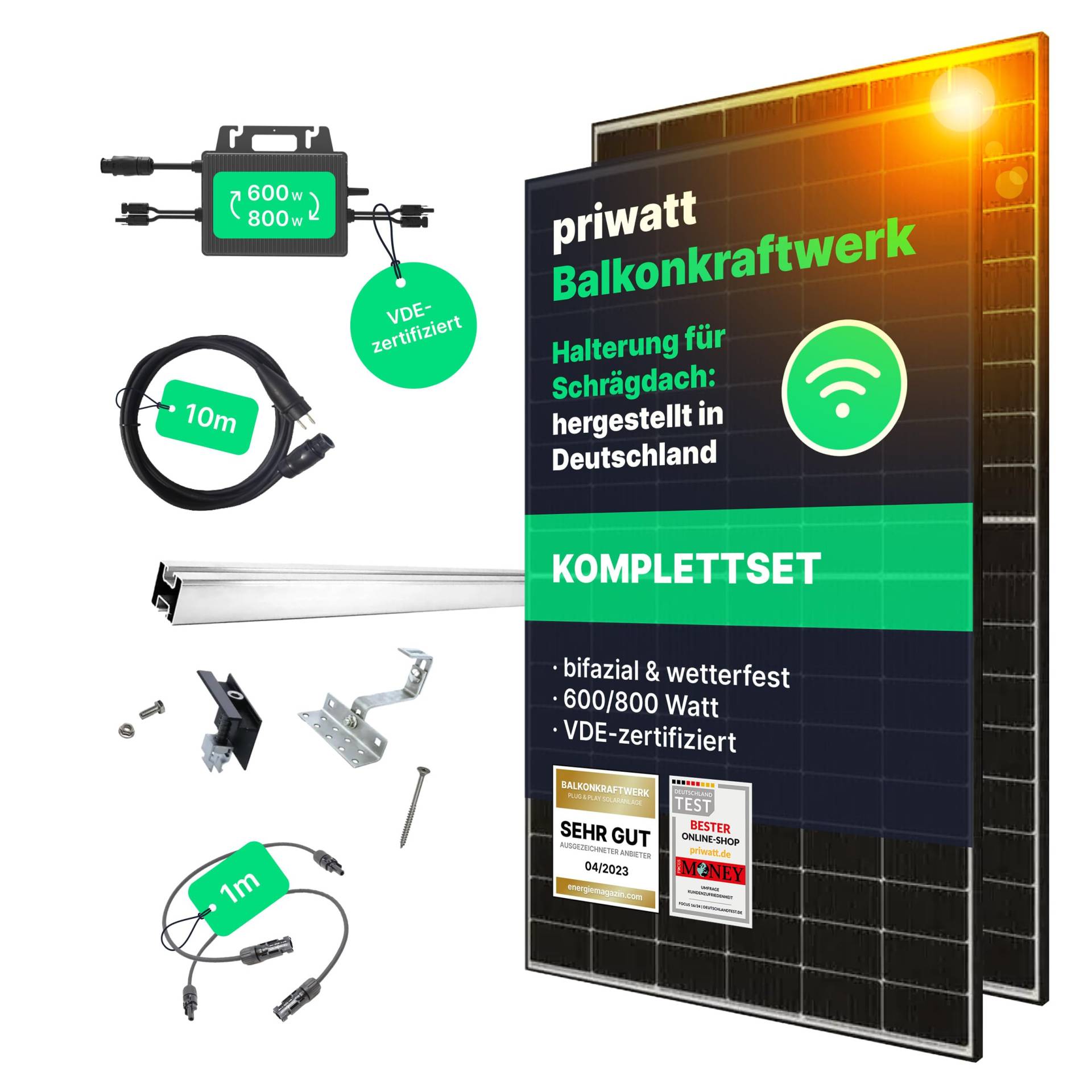 priwatt® Balkonkraftwerk Duo zur Ziegeldach-Befestigung [890 Wp] - Solaranlage Komplettset (2 bifaziale Solarmodule, TSUN Wechselrichter & Dachhalterung mit Zubehör) von Priwatt