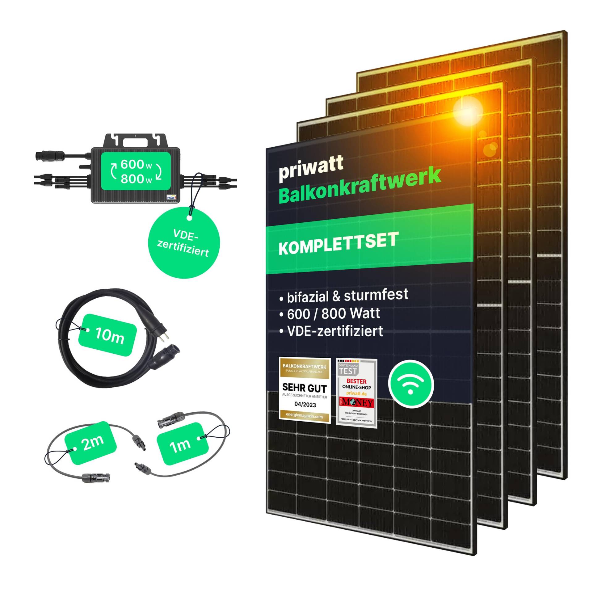 priwatt® Balkonkraftwerk priBasic Quattro [1780 Wp] ohne Halterung zur flexiblen Befestigung - Solaranlage Komplettset (4 bifaziale Solarmodule, TSUN Wechselrichter & Kabel-Zubehör) von Priwatt