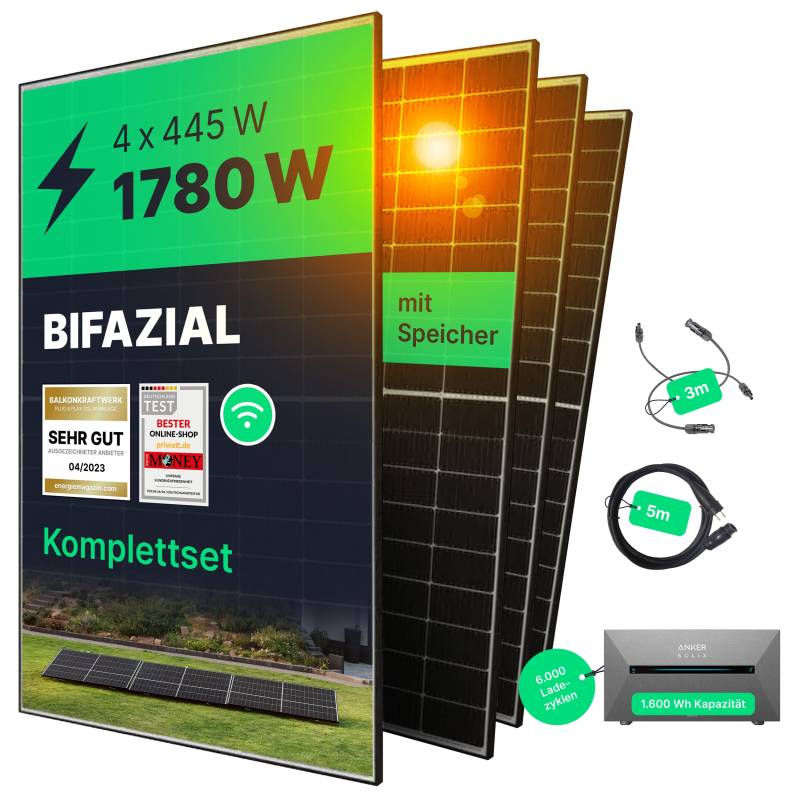 priwatt® Balkonkraftwerk priBasic Quattro mit Speicher, ohne Halterung zur flexiblen Befestigung [1780 Wp] - Solaranlage Komplettset - 4 bifaziale Solarmodule mit Anker 2 Pro Speicher & Zubehör von Priwatt