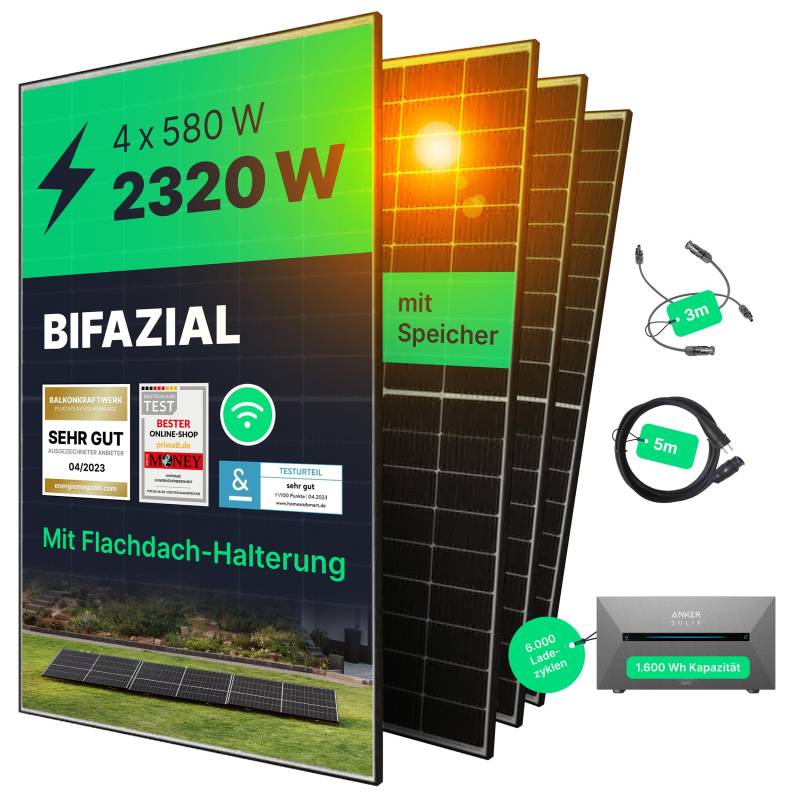 priwatt® Balkonkraftwerk priFlat Quattro XL mit Speicher für Garten & Flachdach [2320 Wp] - Solaranlage Komplettset zur Selbstmontage - 4 bifaziale Solarmodule mit Anker 2 Pro Speicher & Halterung von Priwatt