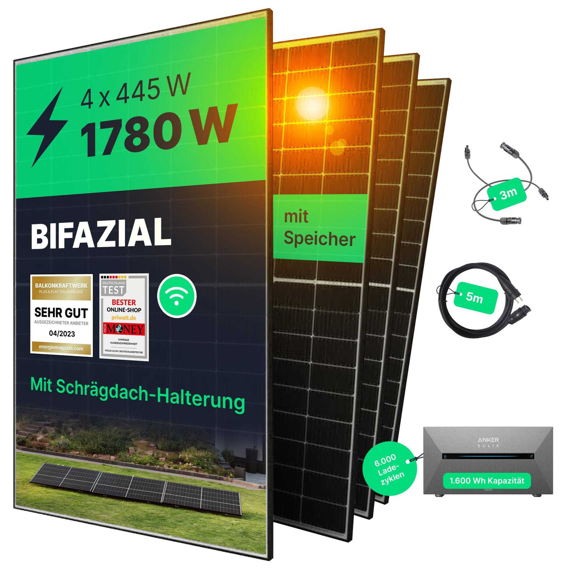 priwatt® Balkonkraftwerk priRoof Quattro mit Speicher zur Ziegeldach-Befestigung [1780 Wp] - Solaranlage Komplettset - 4 bifaziale Solarmodule mit Anker 2 Pro Solarspeicher & Dachhalterung von Priwatt