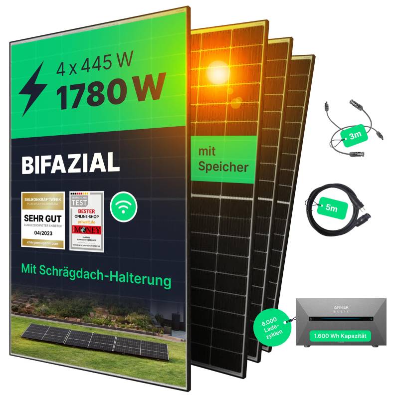 priwatt® Balkonkraftwerk priRoof Quattro mit Speicher zur Ziegeldach-Befestigung [1780 Wp] - Solaranlage Komplettset - 4 bifaziale Solarmodule mit Anker 2 Pro Solarspeicher & Dachhalterung von Priwatt