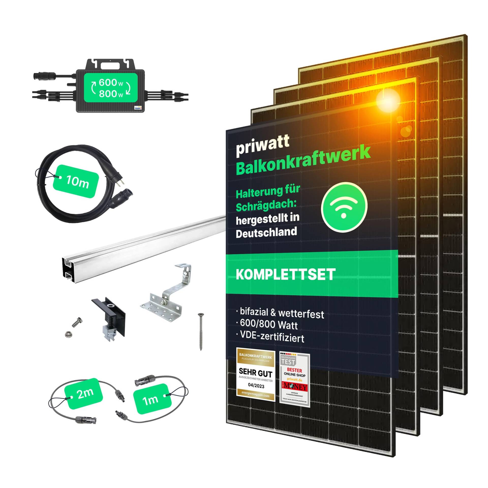 priwatt® Balkonkraftwerk priRoof Quattro zur Ziegeldach-Befestigung [1780 Wp] - Solaranlage Komplettset - 4 bifaziale Solarmodule, TSUN Wechselrichter & Dachhalterung mit Zubehör von Priwatt