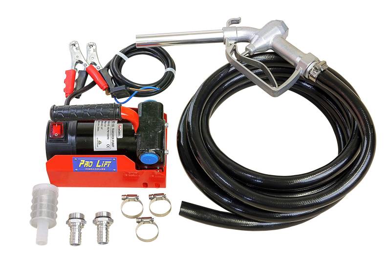 Pro-Lift-Werkzeuge Dieselpumpe Heizölpumpe 24V Fördermenge 40 l/min 2 m Kabel mit Klemmen und Zapfpistole Fasspumpe Kraftstoffpumpe Tankstelle Komplett Set von Pro-Lift-Werkzeuge