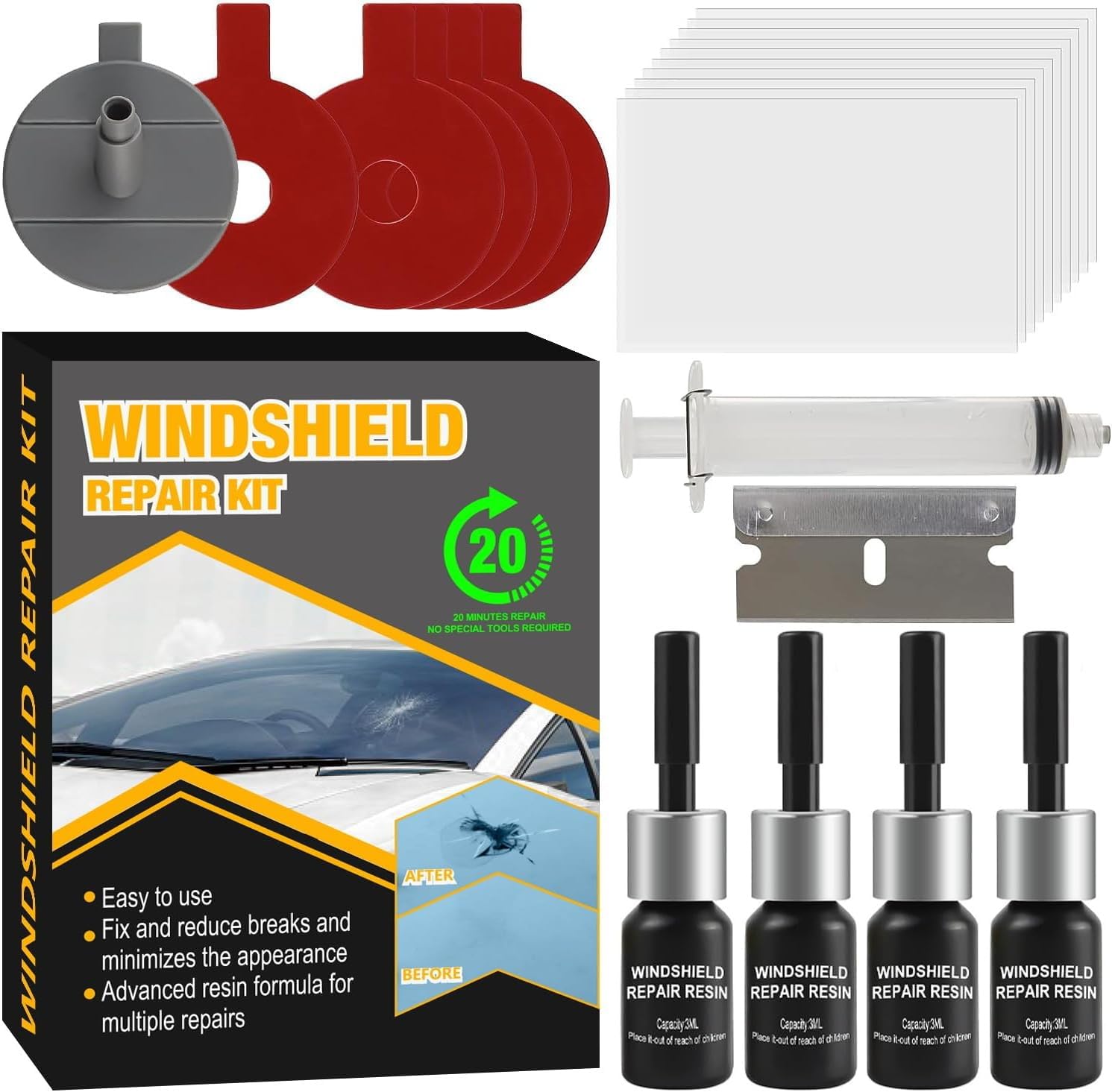 Pro-Lift Windschutzscheibe Reparaturset, Verbesserter Glas Reparatur Flüssigkeit mit, 4er-Pack Glas Reparatur Set zur Reparatur von Kratzern, Löchern, Spinnennetzen, Rissen und Sternförmigen Rissen von Pro-Lift