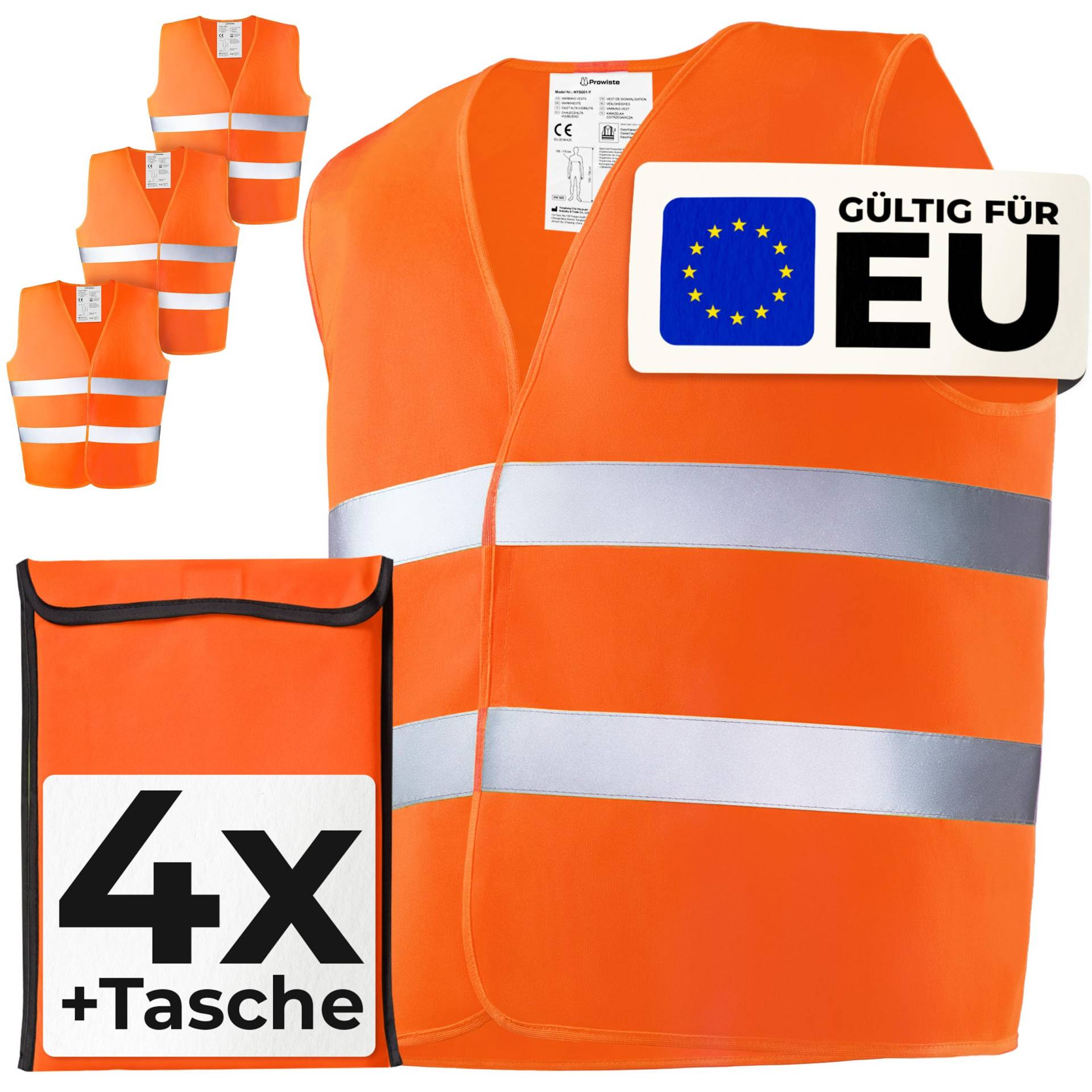 4 Sicherheitsweste - Warnwesten Set mit Tasche – Geprüfte EN ISO 20471, Europaweit gültig – Ideal für Baustelle, Auto - Universalgröße - Orange von Prowiste