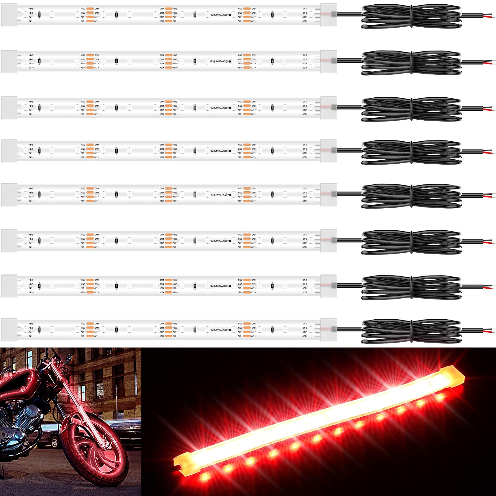 Pryeu 8 Stück 8 Zoll Rot Motorrad LED Streifen Licht 12V Wasserdicht IP68 für Auto LKW Anhänger Außen Boote Kajak Segelboot von Pryeu