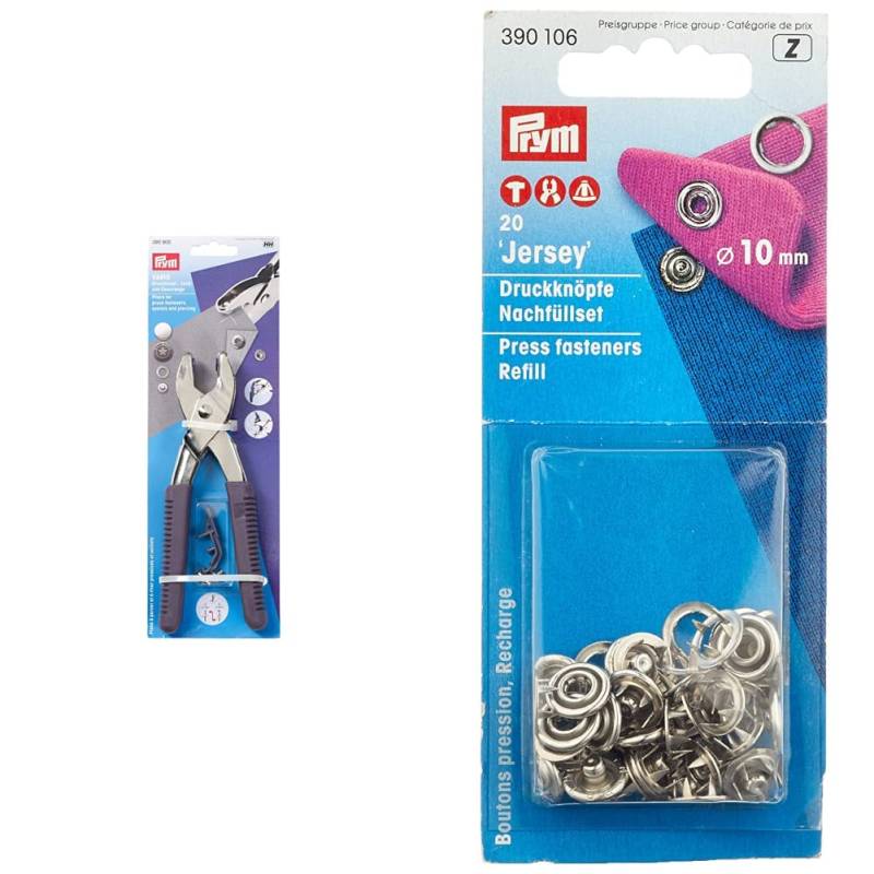 Prym 41163 390900 Vario-Zange mit Lochwerkzeugen & Nähfrei Jersey Ring Druckknöpfe-Nachfüllpack silberfarbig (10 mm, 20 St.) von Prym