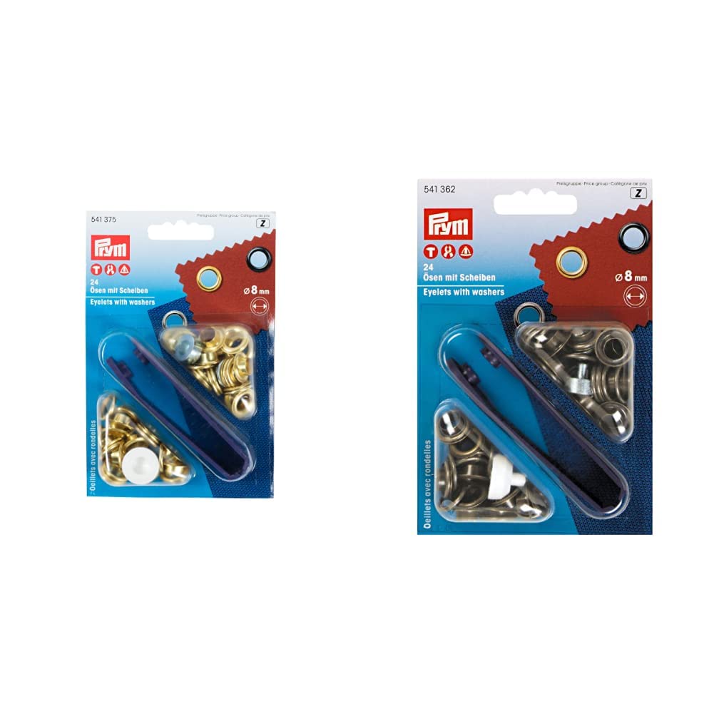 Prym 541375 Ösen mit Scheiben 8 mm gold & Ösen Plus Unterlegscheiben, Metall, antik Messing, 8 mm, 24 von Prym