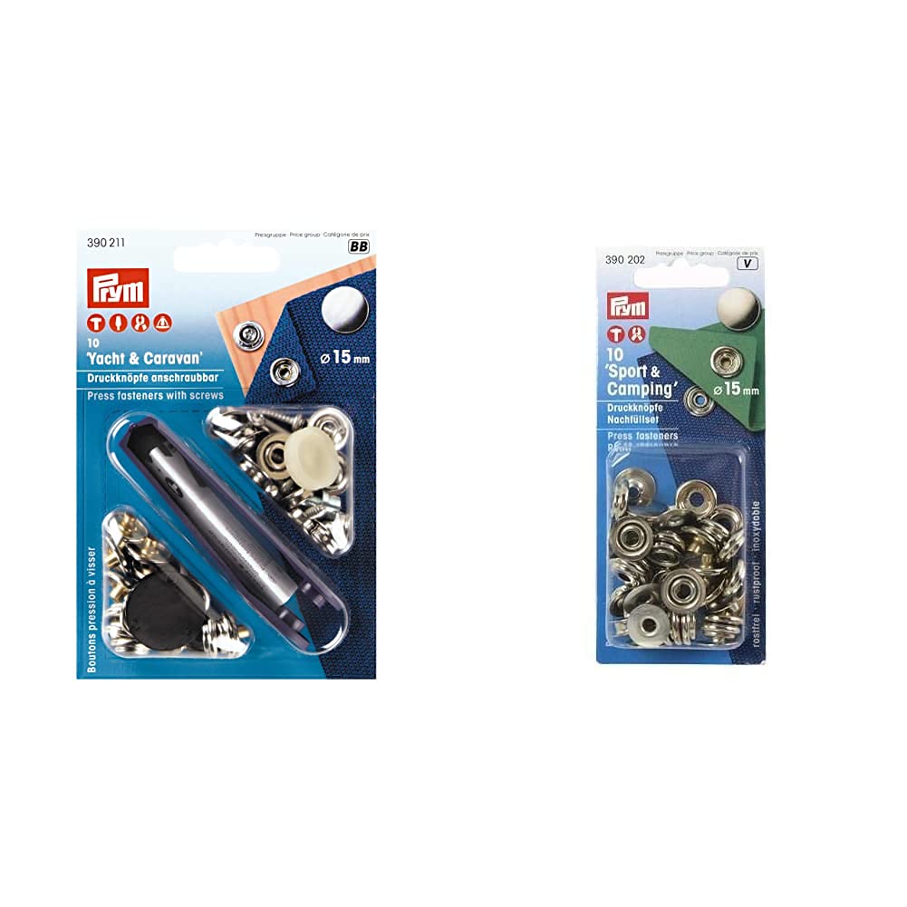 Prym Nähfrei Druckknöpfe 15mm Holz (10St) SB-Karte & 390202 Nachfüllpackung für 390201 Nähfrei-Druckknopf Sport & Camping Messing 15 mm silberfarbig, Metal von Prym