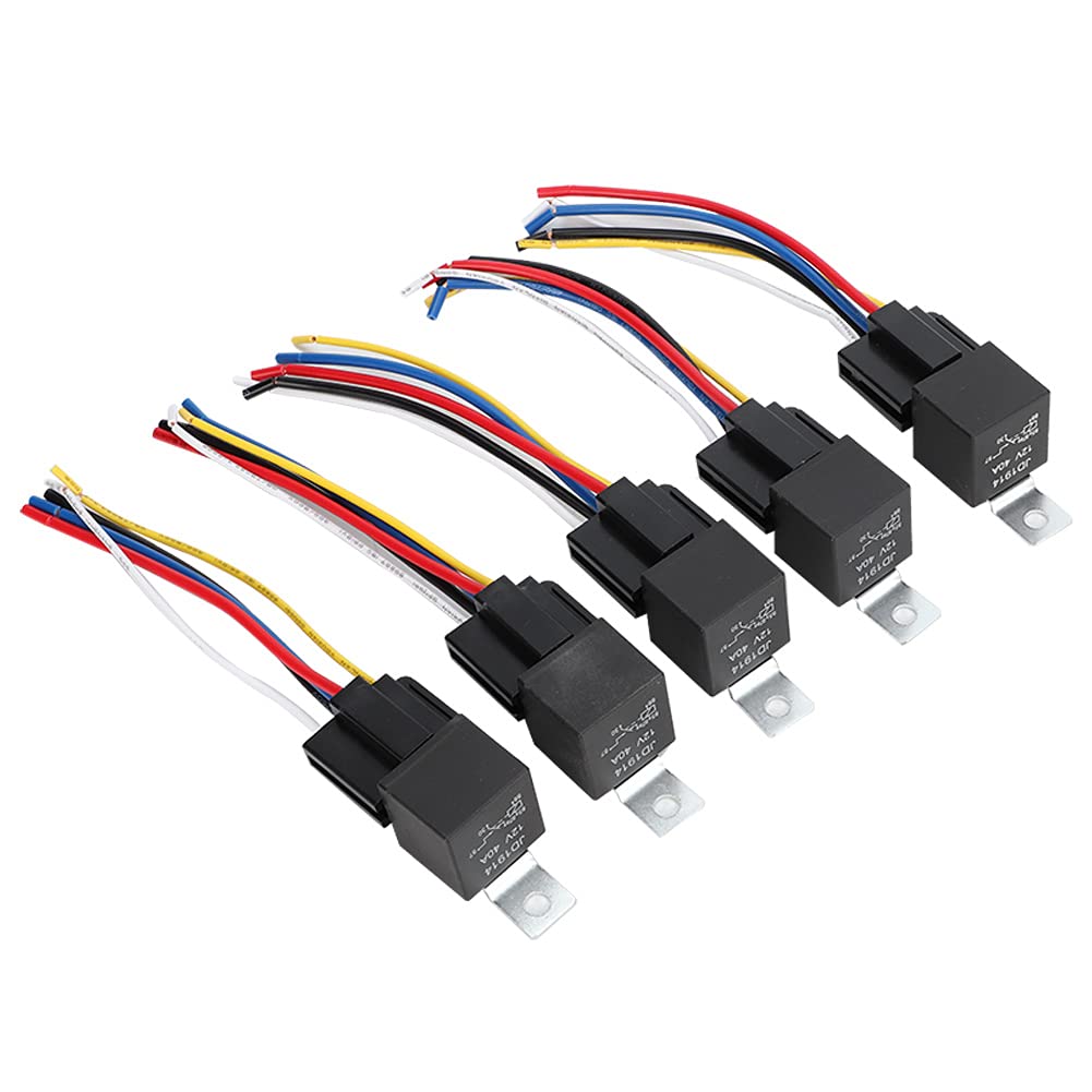 Auto-Relais-Kabelbaum, 5 x Auto-Fahrzeug-Steckdosen-Set, 12 V, 12 Volt DC, 40 A, AMP-Relais-Sockel-Set, SPDT 5-poliges 5-Draht-Sicherungsrelais, Kfz-Relais von Psytfei