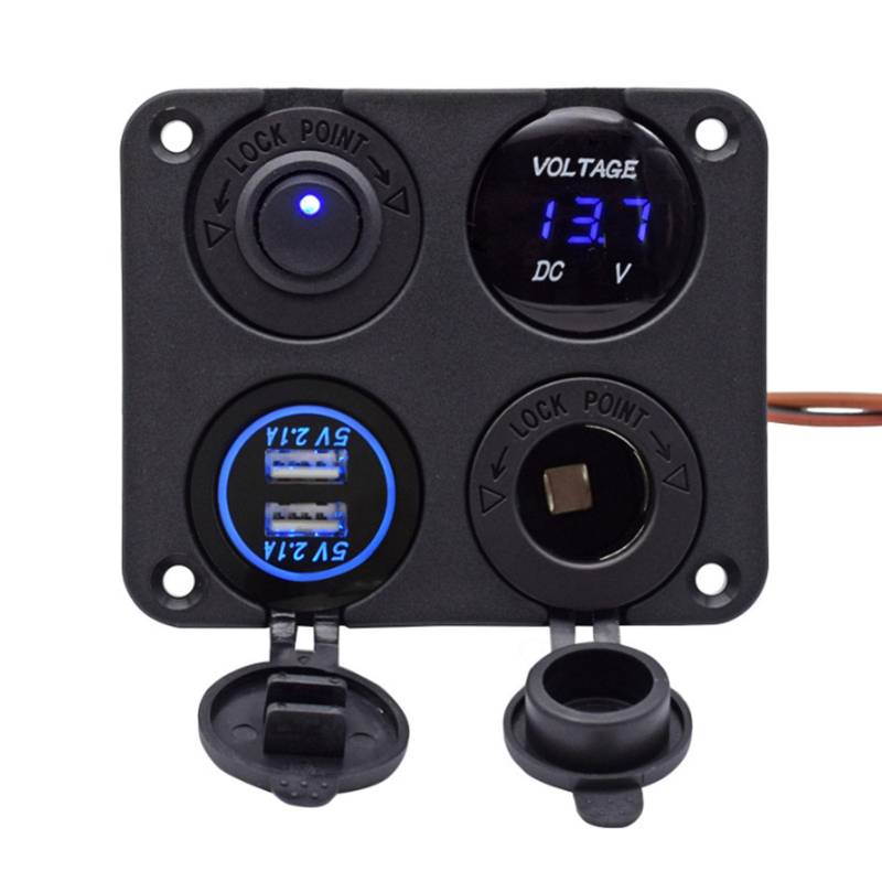 Ladegerät-Steckdosenleiste DC 12-24 V Dual 4,2 A USB-Ladegerät-Steckdosenleiste mit LED-Voltmeter Marine-Schalttafel für Auto, Boot, Wohnmobil, LKW (Blue Light) von Psytfei