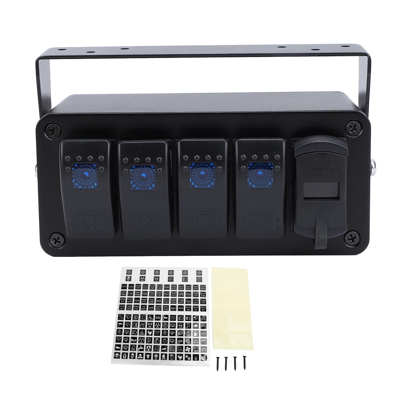 Psytfei 4 Gang Wippschalter Panel DC 12V 24V EIN Aus Kippschalter mit PD Typ C QC3.0 USB Ladegerät Wasserdichtes Aluminium Schaltpanel für Auto LKW Boot RV UTV ATV (Blaues Licht) von Psytfei