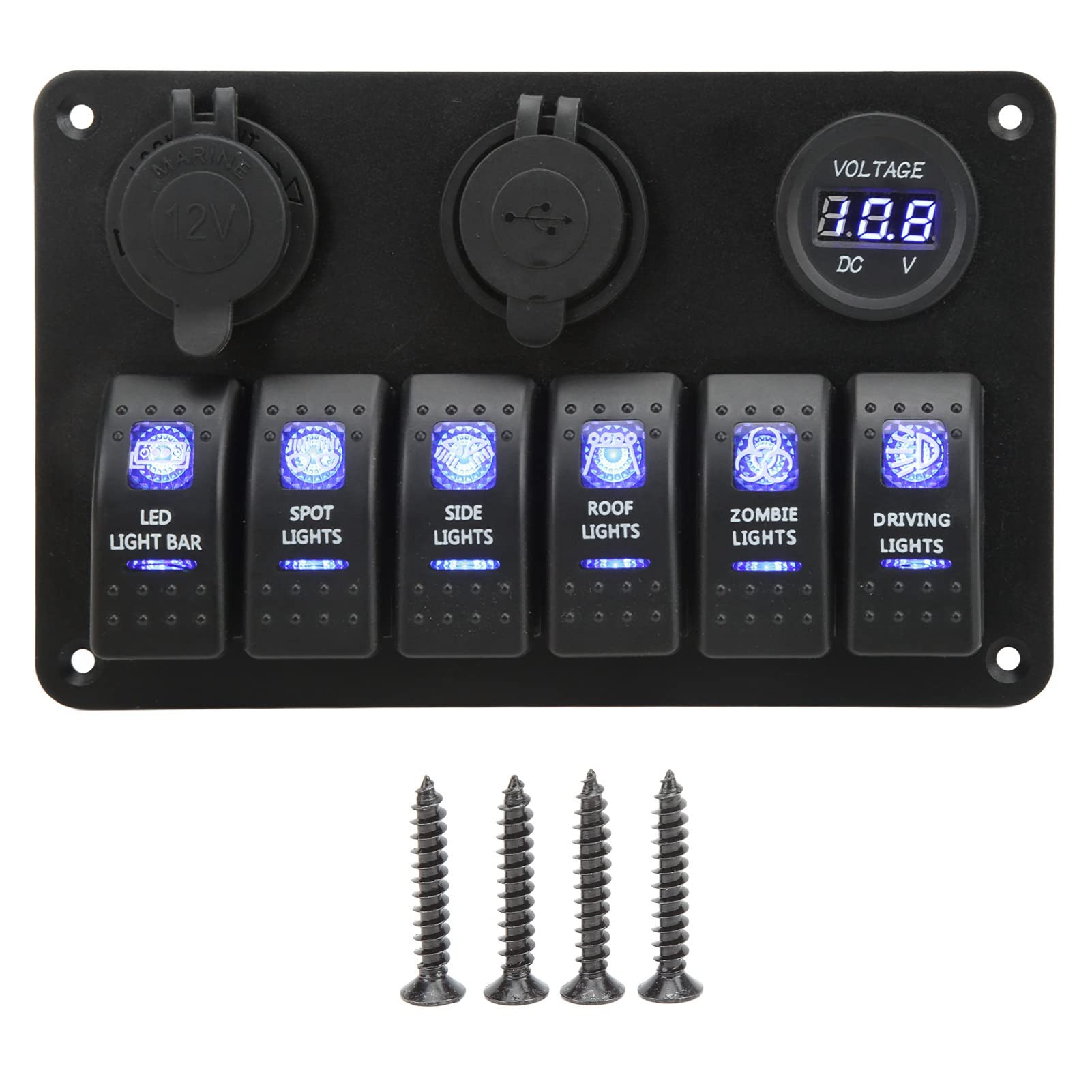 Psytfei 6-Gang-Wippschalterfeld, 12 V, 24 V, Armaturenbrett, Marine, Druckknopf-Bedienfeld mit Voltmeter, Dual-USB-Anschluss, Zigarettenanzünder-Buchse, Blaue Hintergrundbeleuchtung für von Psytfei