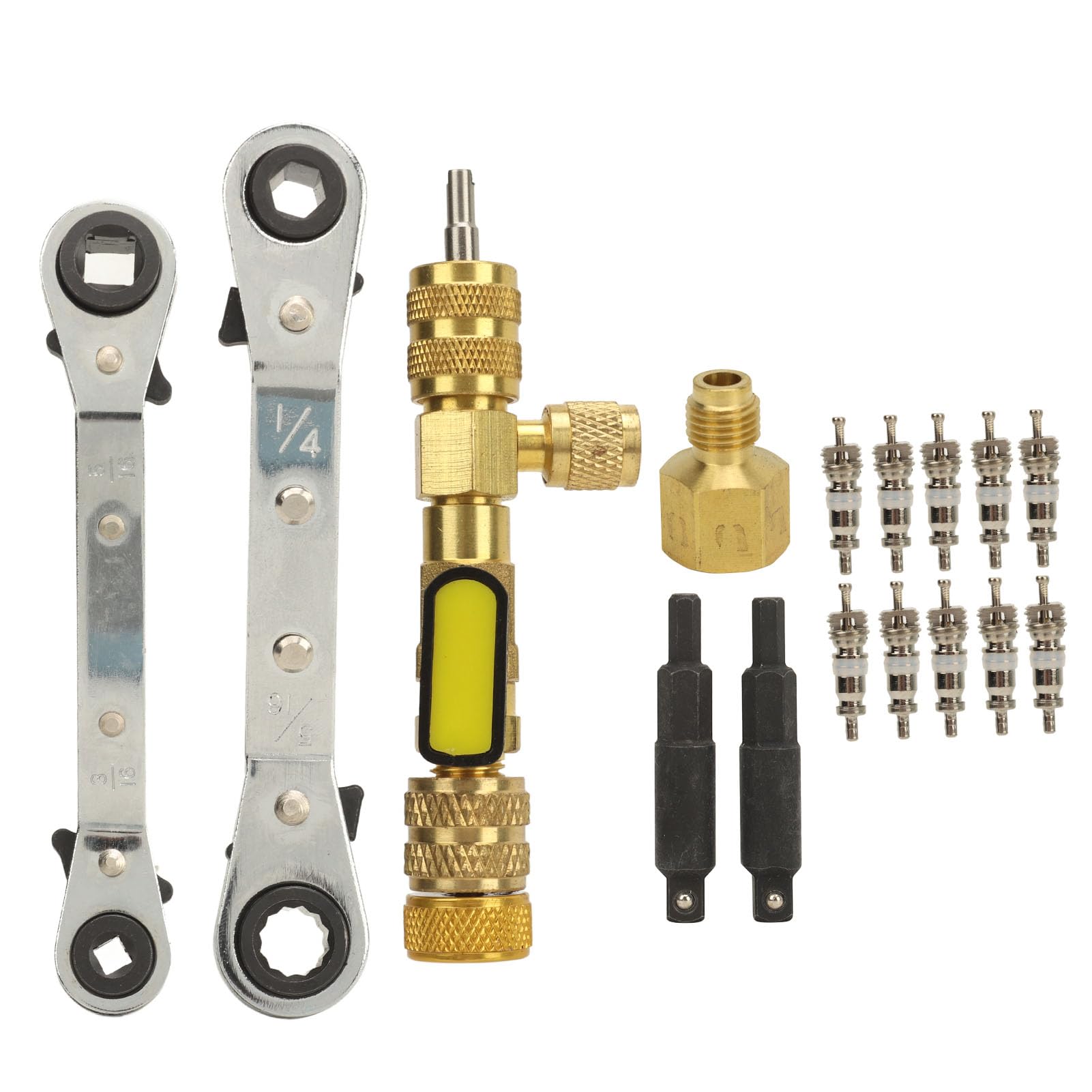 Psytfei AC-Ventileinsatz-Entferner-Installationswerkzeug, SAE 1/4- und 5/16-Port-Messingadapter, für R410-, R22-, R12-, R407-, R404- und R-AC-Systeme, 10 Stück Ventilkerne von Psytfei