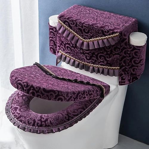 WC-Deckelbezug-Set, 3-teilig, WC-Deckel- und Tankdeckel mit Taschen, WC-Sitzbezug-Pads, WC-Deckelbezug-Set, Spitzen-Toilettendeckelbezüge (Hellrosa)(Purple) von PuLAif