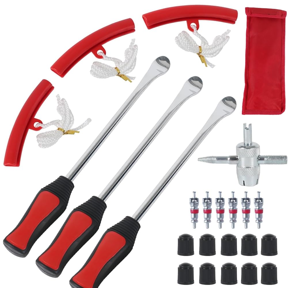 Puedno Reifenheber Reifen Montiereisen, 3 Stück Reifenheber Montierhebel Werkzeug, Reifen Hebel 23 Anzüge mit 3 Rad Felge Protektoren, Tire Spoons Reifenwechsel Tool Kit von Puedno