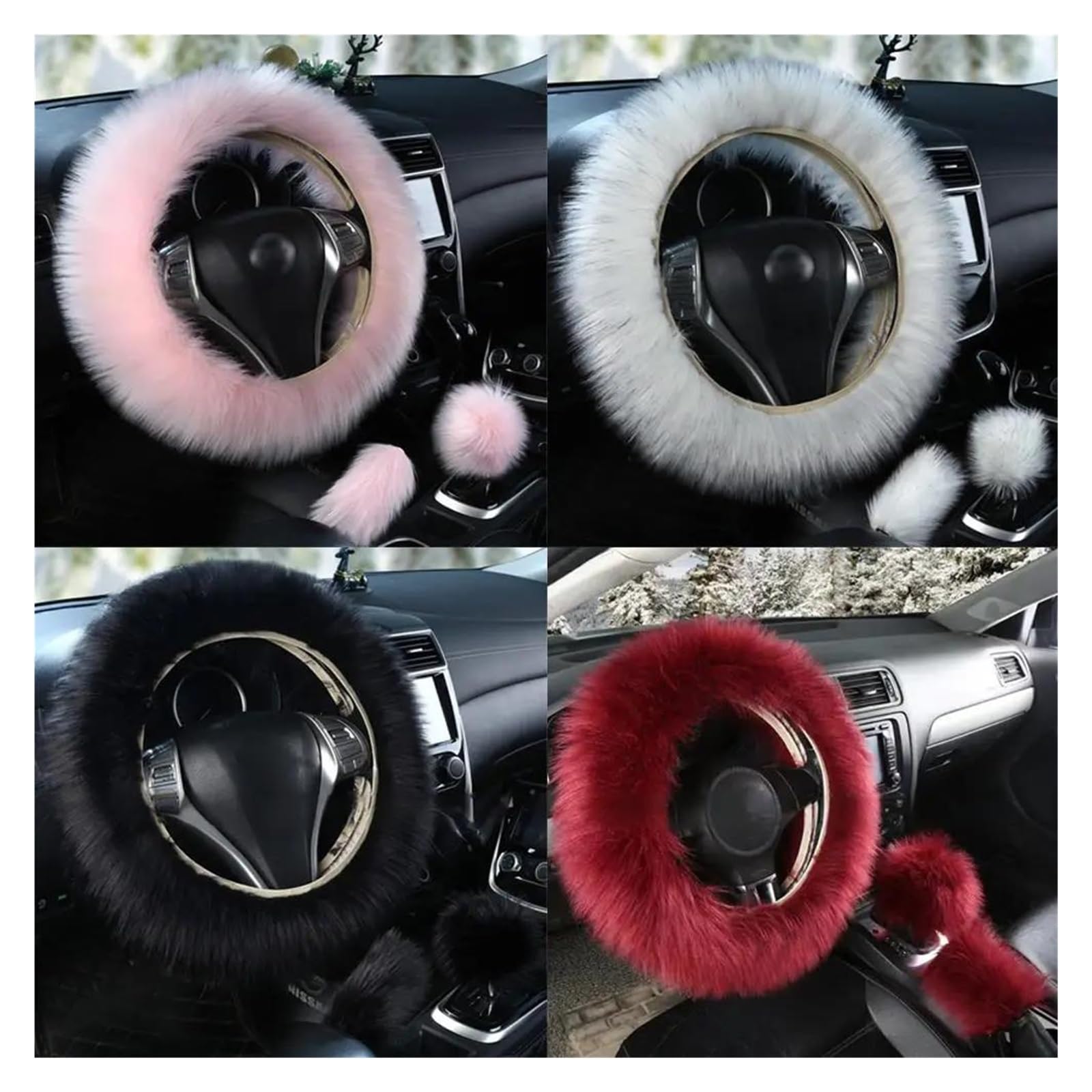 Auto Lenkradbezug 3PCS Pelz Auto Lenkrad Abdeckung Set Schaffell Auto Plüsch Warme Flauschige Fuzzy Auto Lenkrad Abdeckung Zubehör Für Frauen Mädchen Lenkrad Bezug(B) von Punxdda