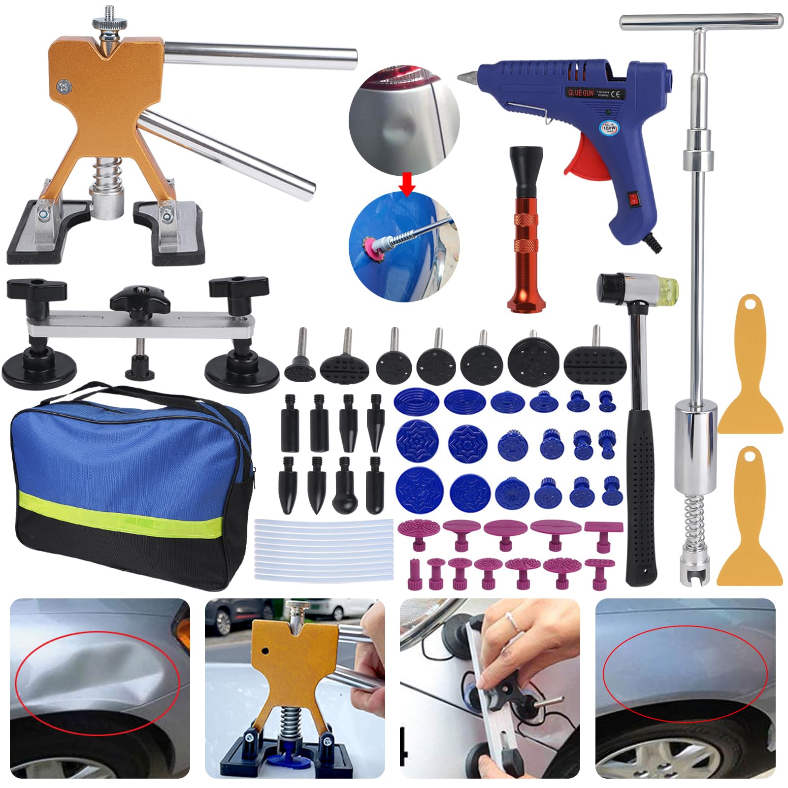 Putentfun Auto Dellen Ausbeulwerkzeug Set, 66PCS Beulen Reparaturset Auto, Lackfreies Dent Puller Set, DIY Paintless Dent Removal Kit für Fahrzeug Dellen/Tür Dings/Hagel Schaden Entfernen von Putentfun