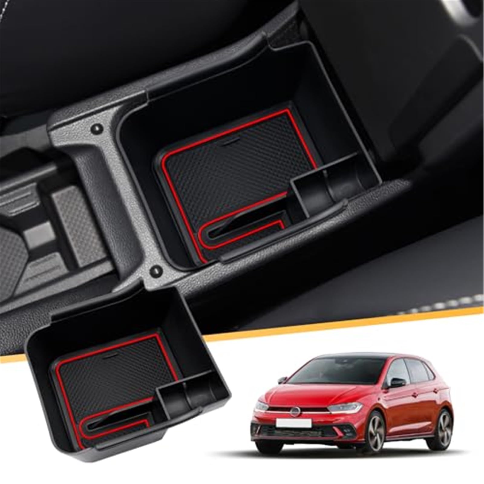 QASULER, Kompatibel mit VW, Polo, MK6 AW GTI Auto Aufbewahrungsbox Handschuhfach, Mittelkonsole Organizer Fach Organizer, for Polo, MK6 Zubehör Armlehnen-Aufbewahrungsbox(Red) von QASULER