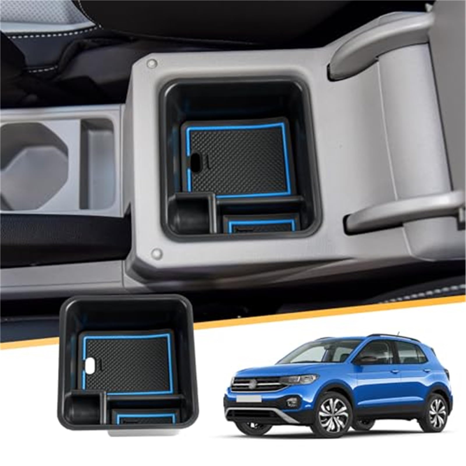 QASULER Aufbewahrungsbox for die Mittelkonsole, kompatibel mit VW, T-Cross SUV 2018+, Organizer-Ablage for Handschuhfach der Mittelarmlehne mit Anti-Rutsch-Matten-Zubehör Armlehnen-Aufbewahrungsbox(Bl von QASULER