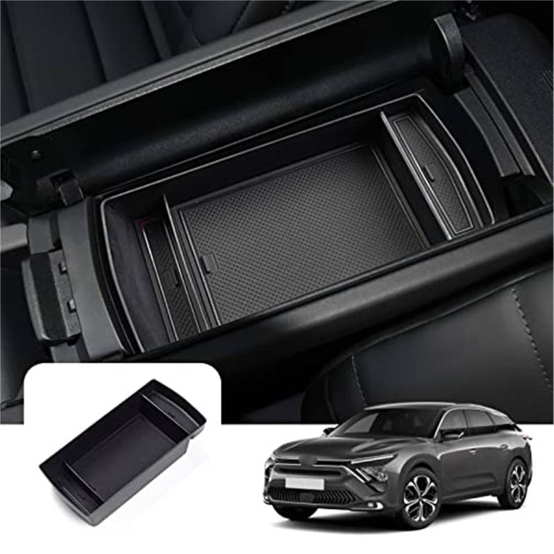 QASULER Auto-Armlehnen-Organizer, for Citroen C5 X 2022 2023, Aufbewahrungsbox for die Mittelkonsole mit rutschfesten Matten, Innenzubehör for das C5 X-Handschuhfach Armlehnen-Aufbewahrungsbox(Black) von QASULER