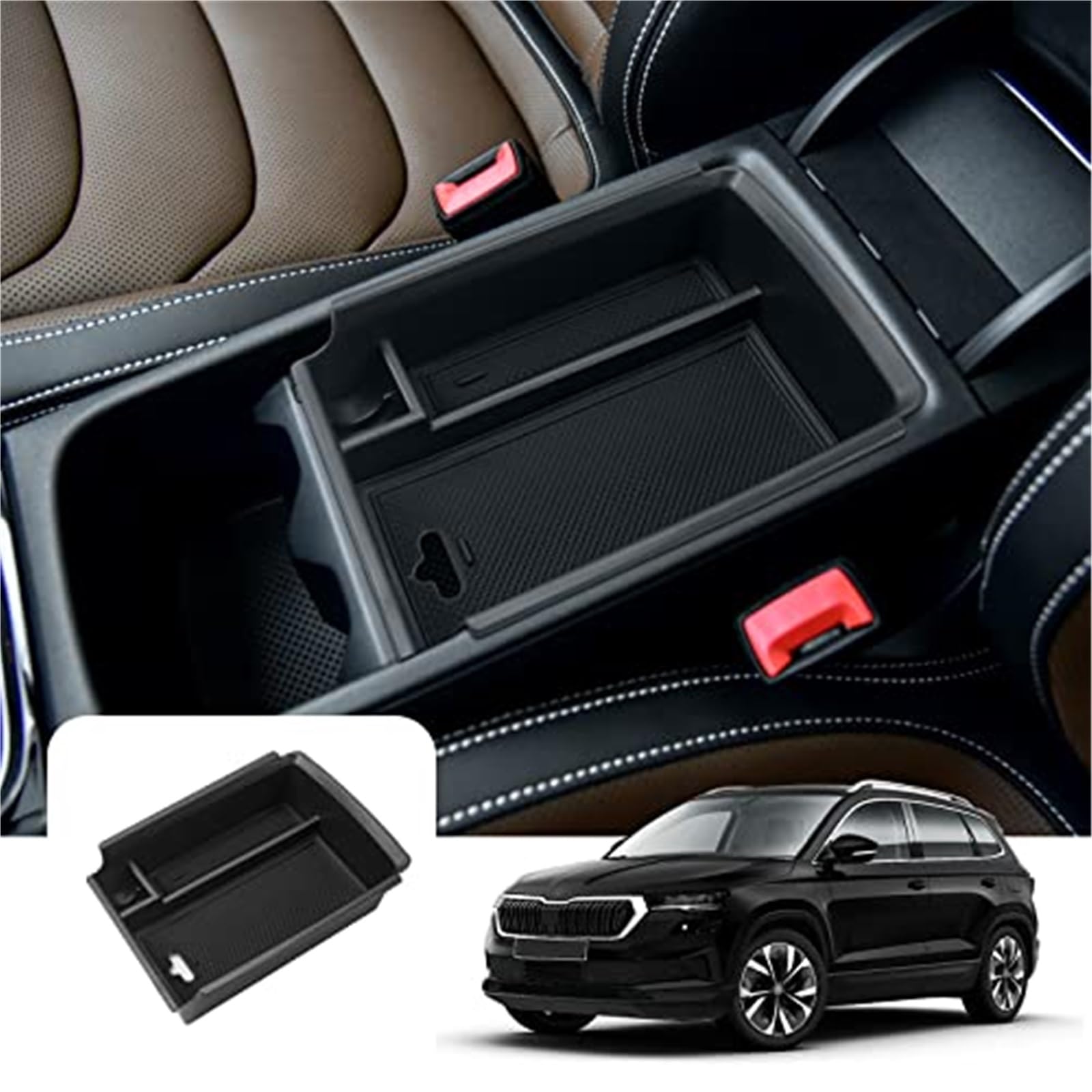 QASULER Auto-Armlehnen-Organizer, for Skoda, for Karoq, 2018-2023, Aufbewahrungsbox for die Mittelkonsole mit rutschfesten Matten, for Karoq, Innenzubehör for Handschuhfach-Containerbox Armlehnen-Aufb von QASULER