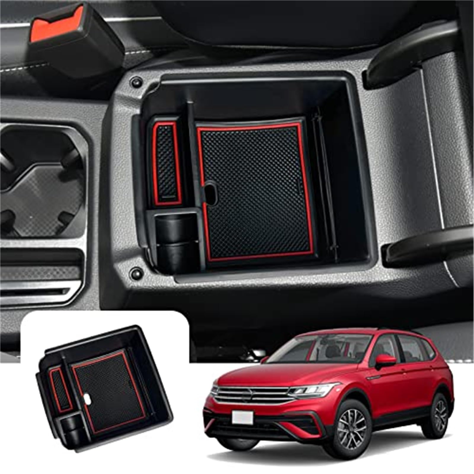 QASULER Auto-Armlehnen-Organizer, for VW, Tiguan 2 MK2 SWB LWB/, for Seat, Tarraco, Mittelkonsolen-Aufbewahrungsbox mit Anti-Rutsch-Matten, Handschuhfach-Containerbox, Innenzubehör Armlehnen-Aufbewahr von QASULER