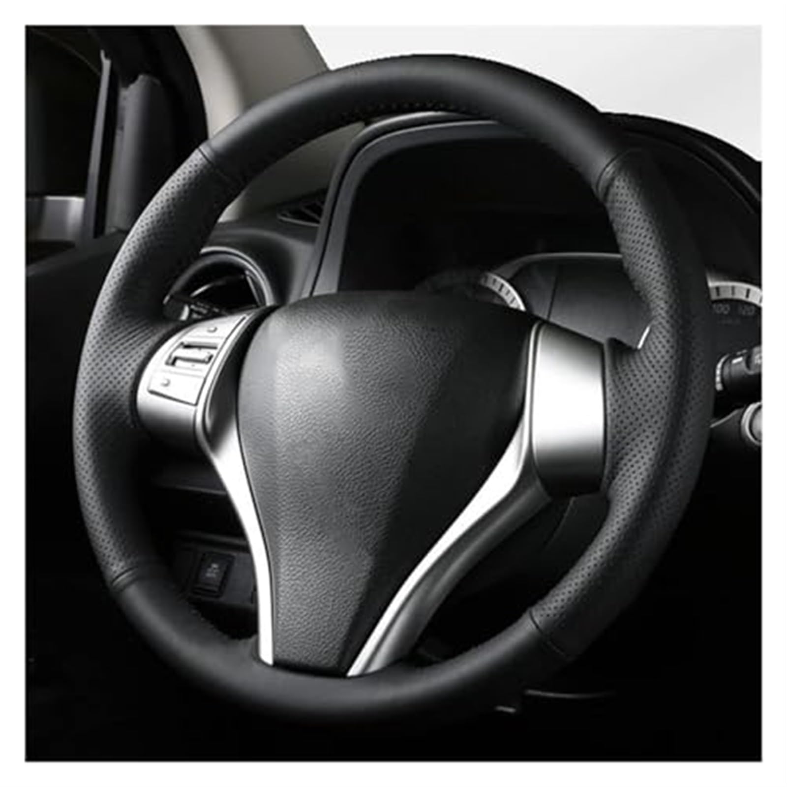 QASULER Auto-Lenkradabdeckung, for Nissan, 2014, for X-Trail, for Qashqai, for Sentra 2013, for Teana Leder-Innenausstattung Lenkradschutz(Black White Thread) von QASULER